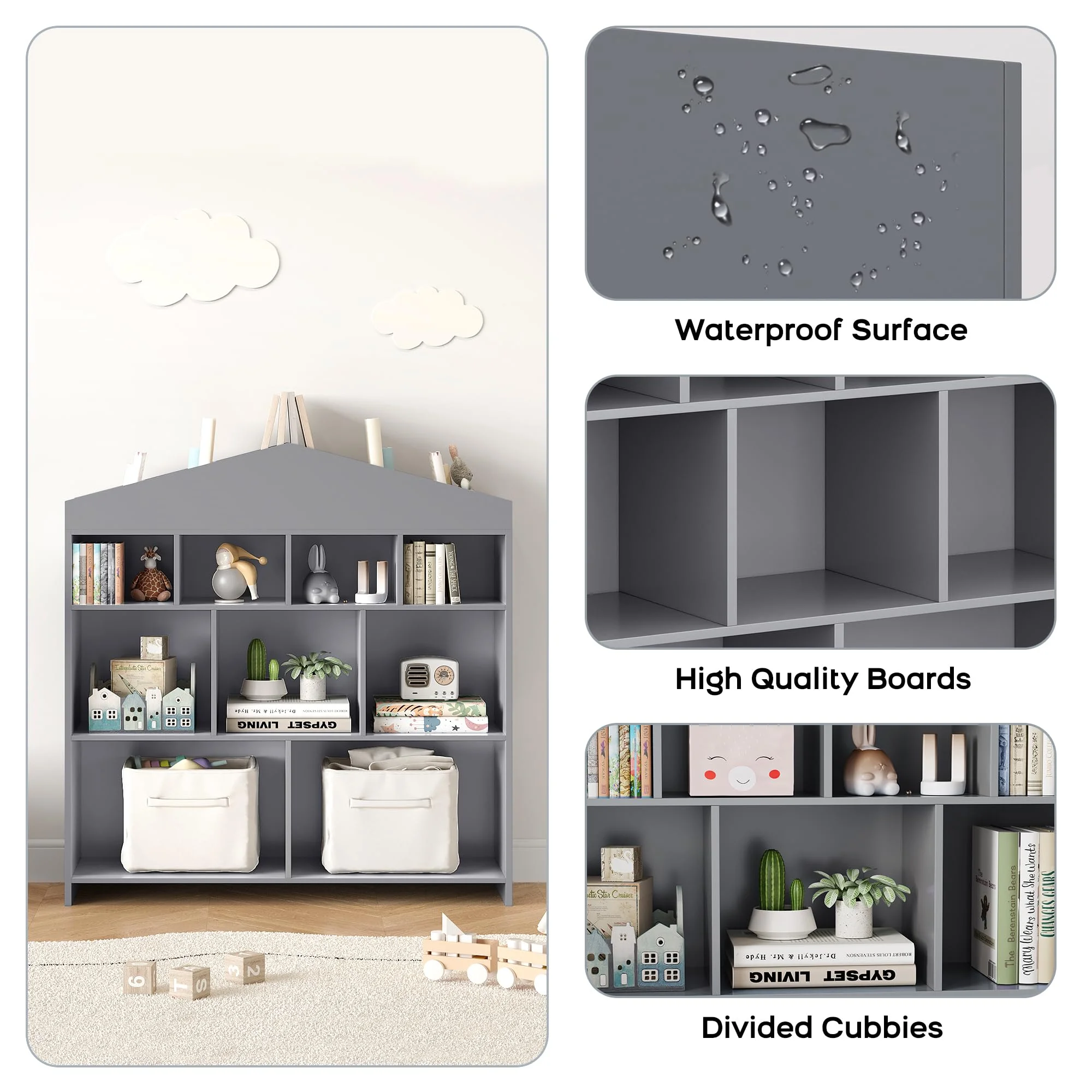 DSstyles Kids Bookshelf 9-Cubby Toy Storage Organizer White Bookcase Toddlers Playhouse Cabinet Shelf for Boys Girls Wooden Storage Toy Shelf for Playroom, Nursery, Kids Room - Image 13