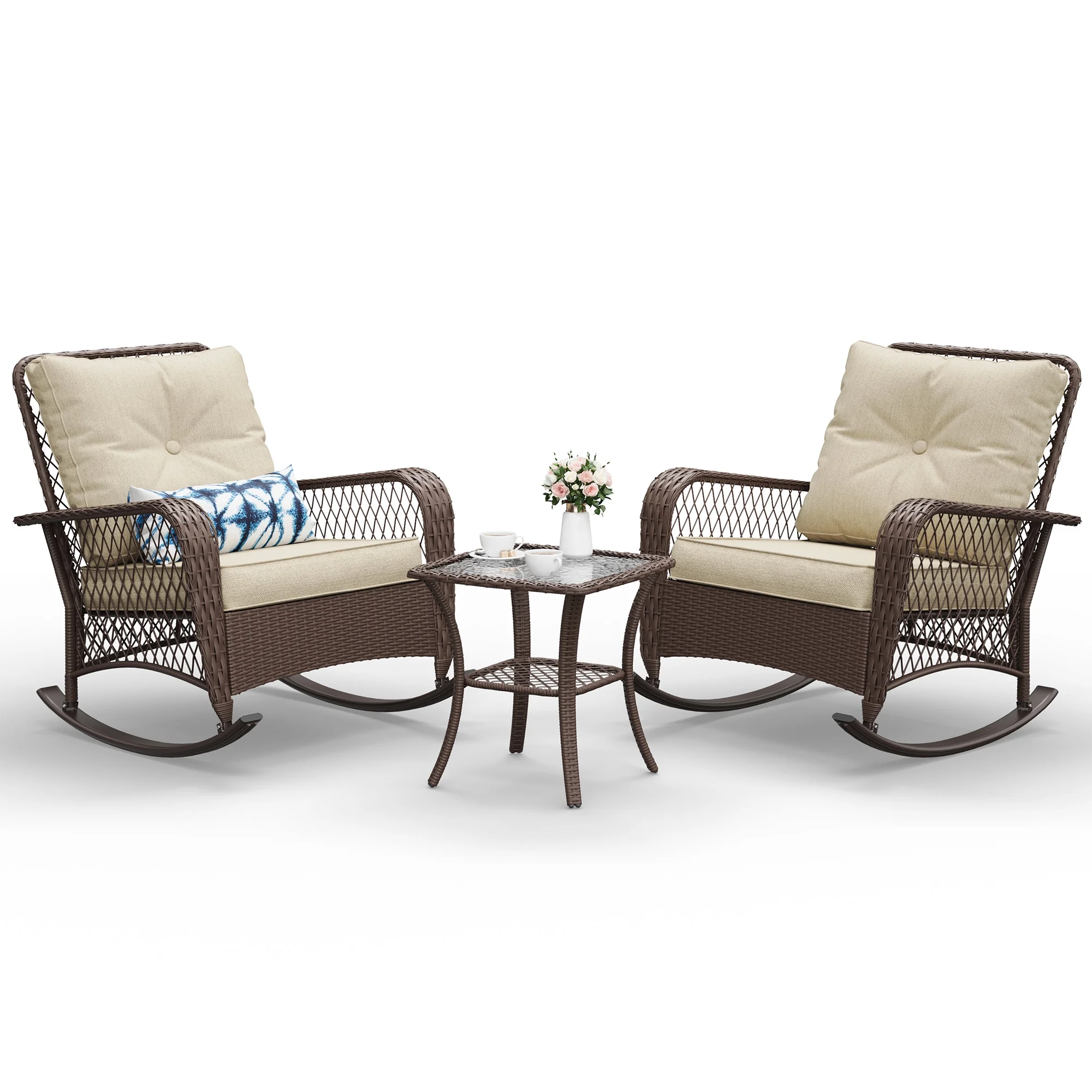 ELPOSUN 3-Piece Outdoor Rocking Chairs, Wicker Patio Furniture with Thickened Cushions and Table for Porch - Image 38
