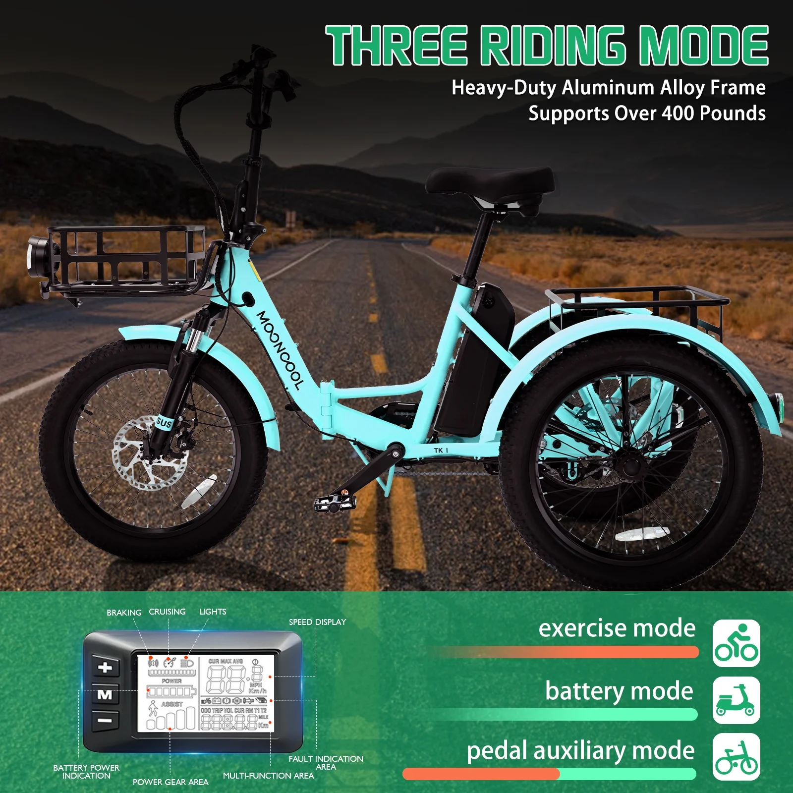 MOONCOOL TK1 Folding Electric Tricycle for Adults,48V 14.5Ah Removable battery, 500W(Peak 1000w)Motor, 20" Fat Tire Step-Thru 3Wheel Electric Bicycle w/Front&Rear Baskets, Certified to UL 2849 by SGS - Image 79