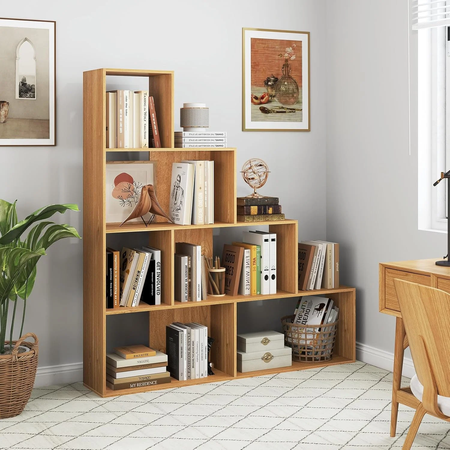 JTYUB 4-Tier Stepped Bookshelf, Freestanding 6 Cubes Ladder Bookcase with Anti-Tipping Kits, 64" Tall Modern Wooden Storage Display Rack for Home Office Living Room Study ,1 PCS,Natural - Image 6