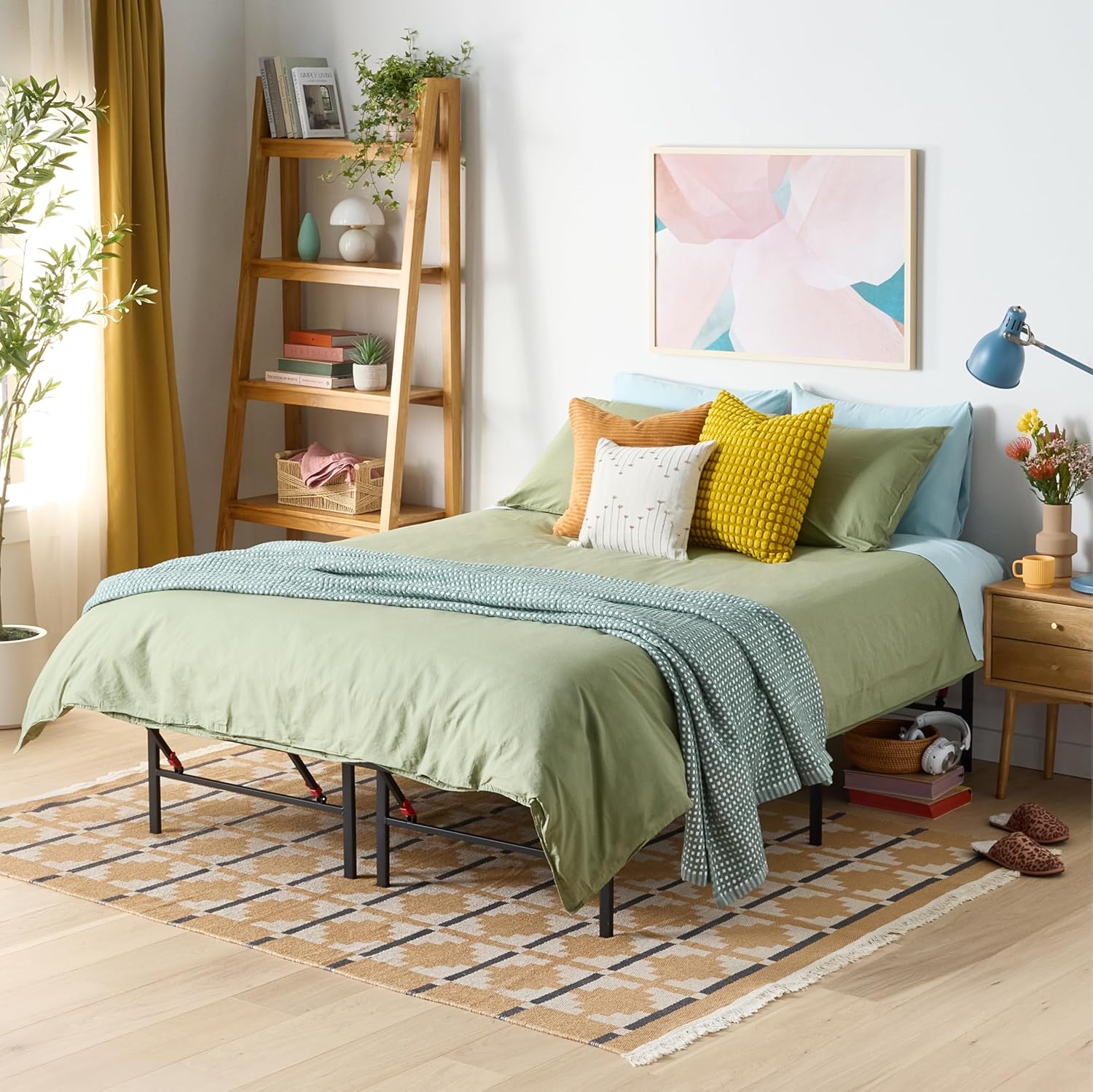 Amazon Basics Bed Frame with Storage, Foldable Metal Platform, Sturdy Steel, No Box Spring Needed, 14-inch High, Tool-Free Setup, Noise Free, Easy Assembly, Queen Size, Black