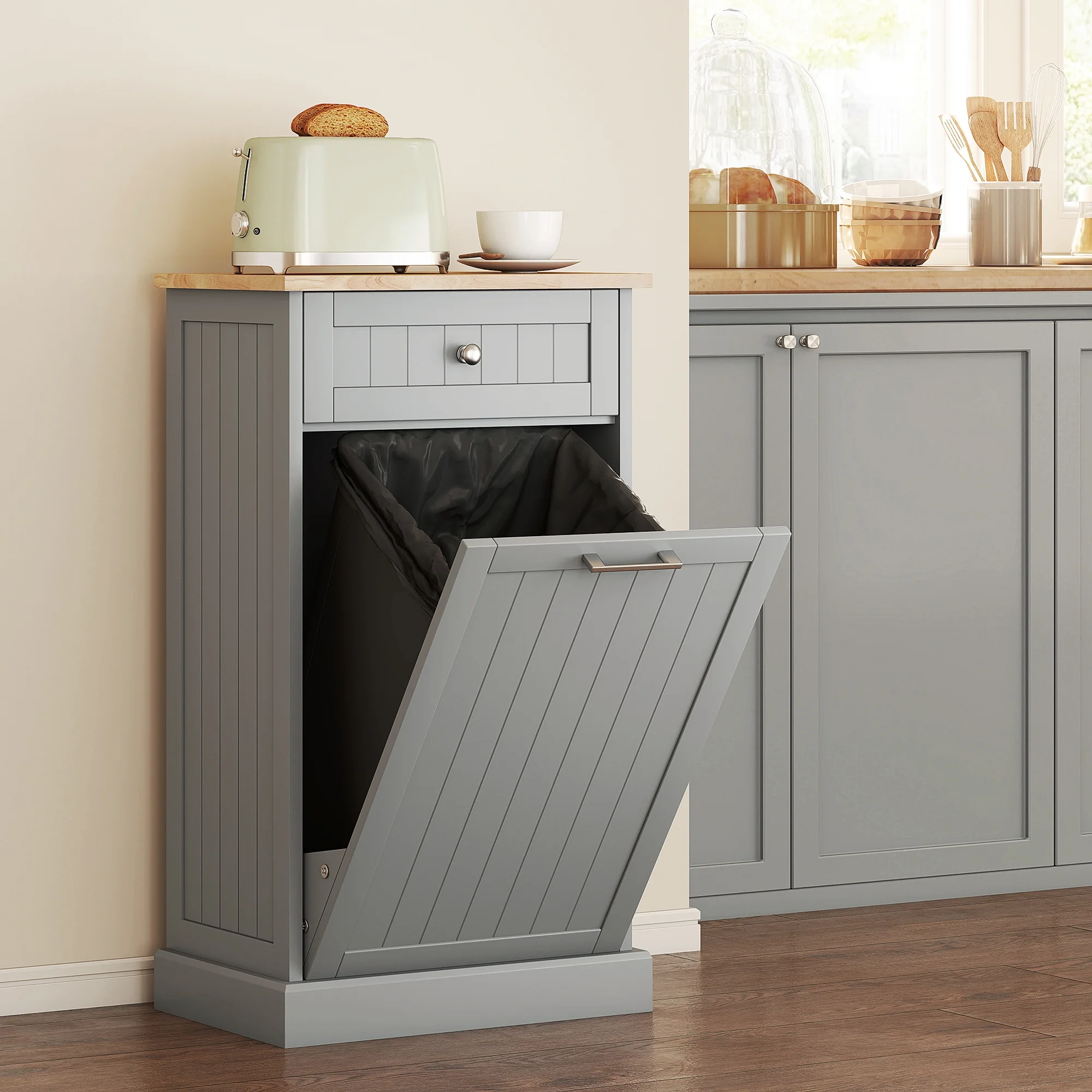 HOMCOM Kitchen Tilt Out Trash Bin Cabinet, Free Standing Recycling Cabinet - Image 20