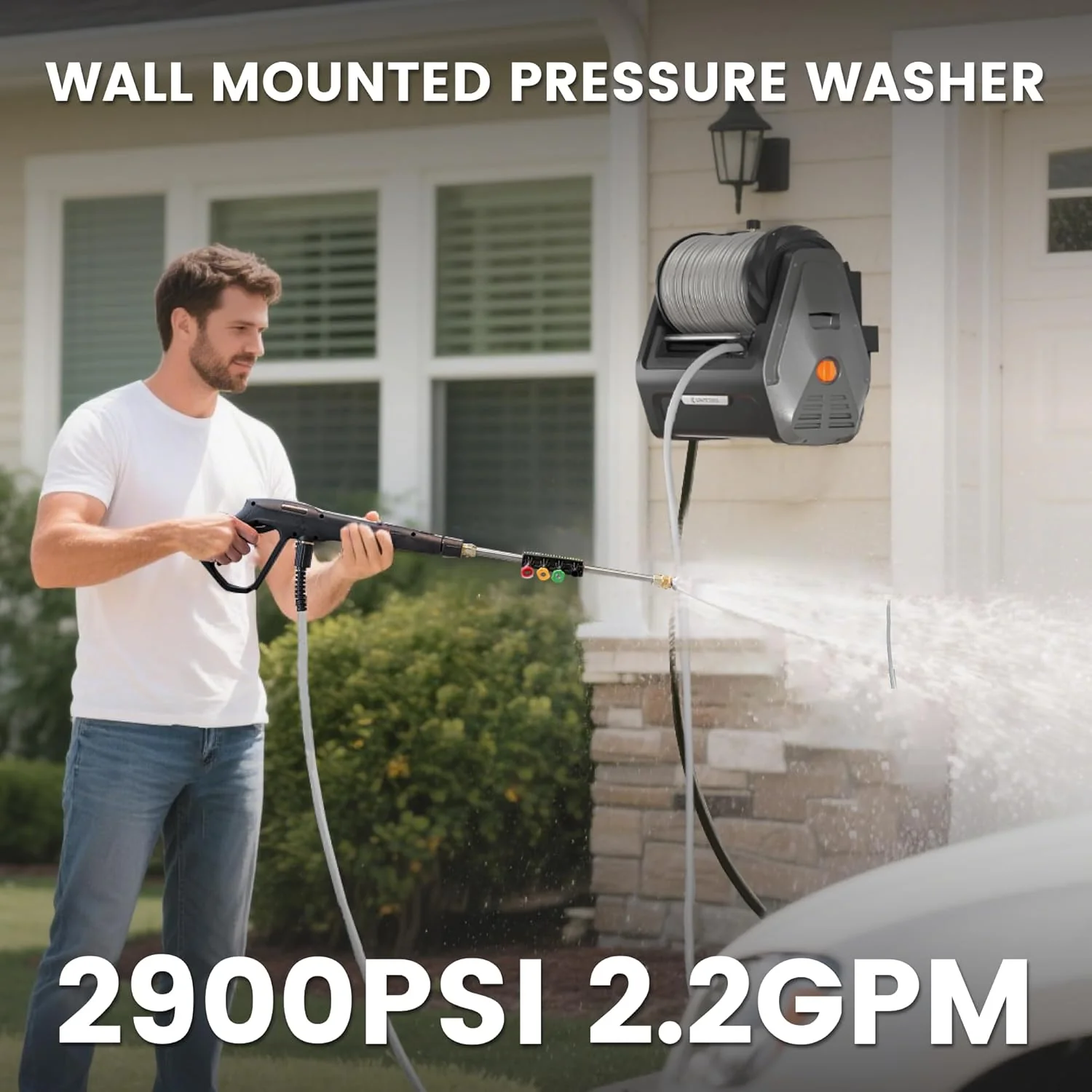 Giraffe Tools Grandfalls Retractable Wall Mount Pressure Washer Plus, 100ft Hose, 2900PSI, 2.2 GPM, Dark Silver - Grandfalls - Image 2 Giraffe Tools Grandfalls Retractable Wall Mount Pressure Washer Plus, 100ft Hose, 2900PSI, 2.2 GPM, Dark Silver - Grandfalls - Image 2