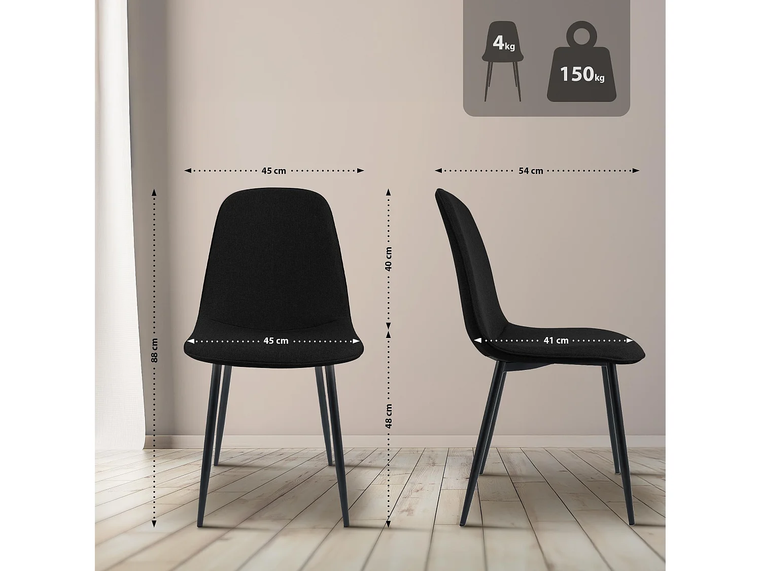 Lot de 4  chaise salle à manger - Tissu - Noir - Maryam