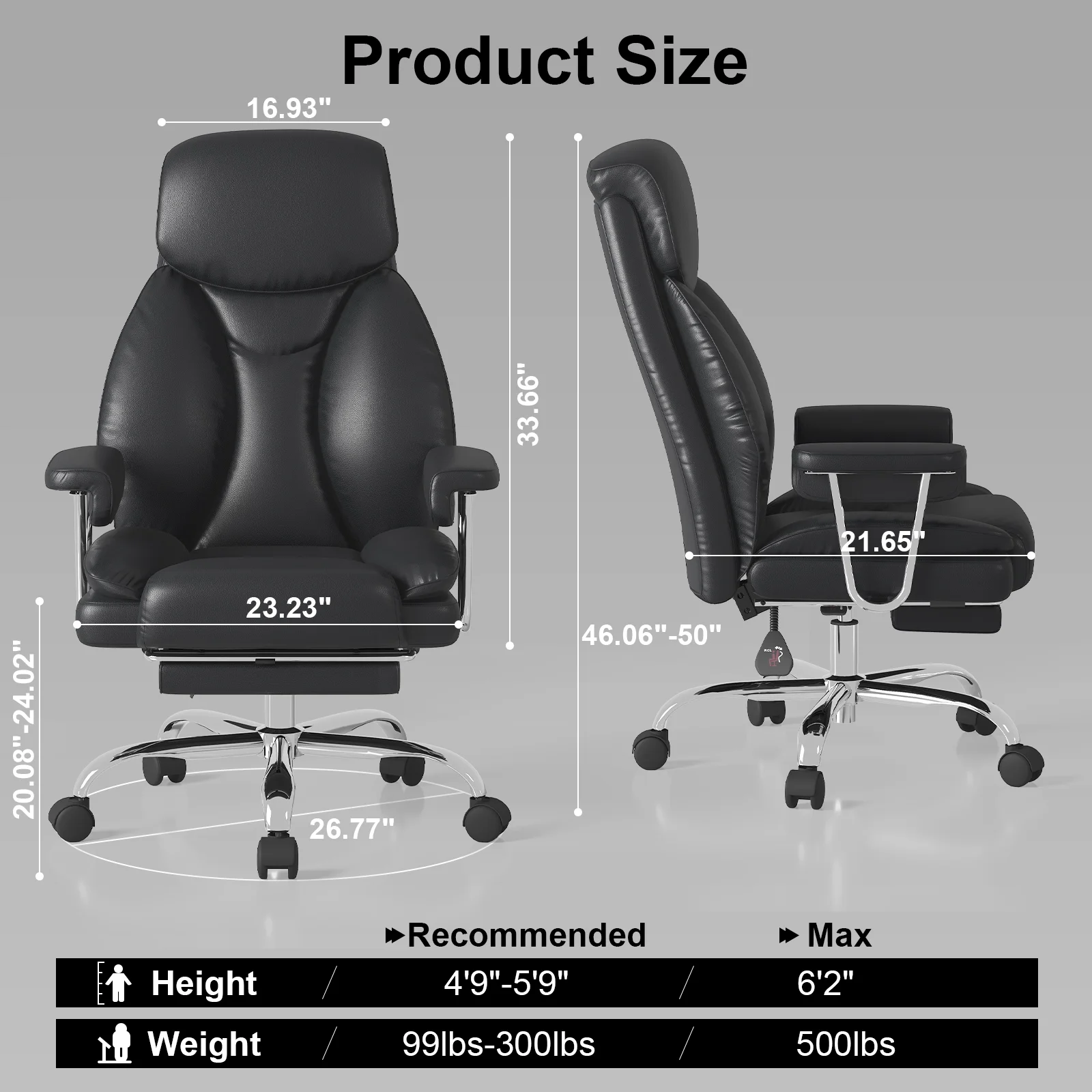 E-Motie Leather Home Office Chair, High Back Ergonomic Chair with Footrest, 500lb, Black