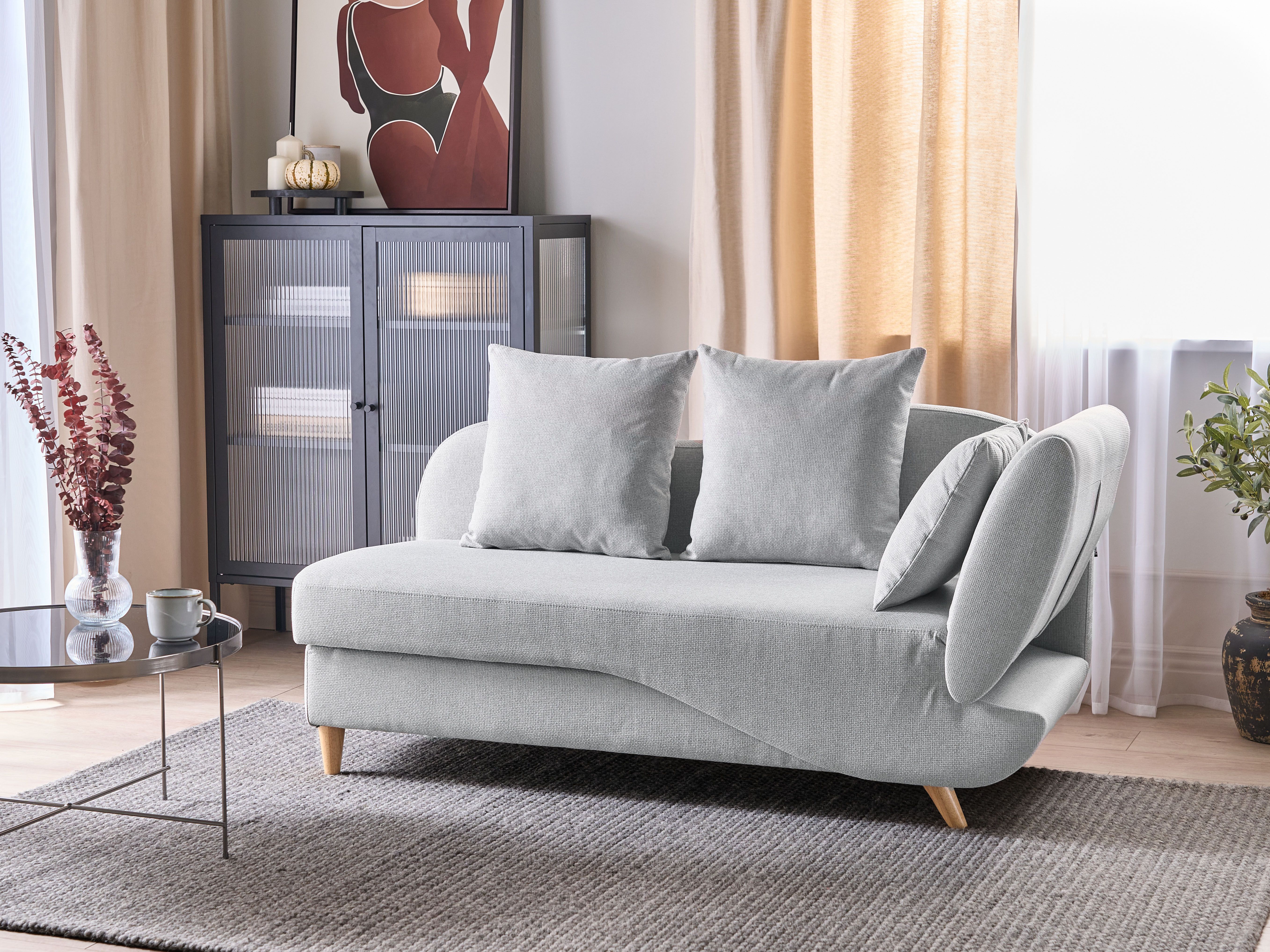 Right-Hand Chaise Lounge MERI Faux Linen Light Grey with Storage
