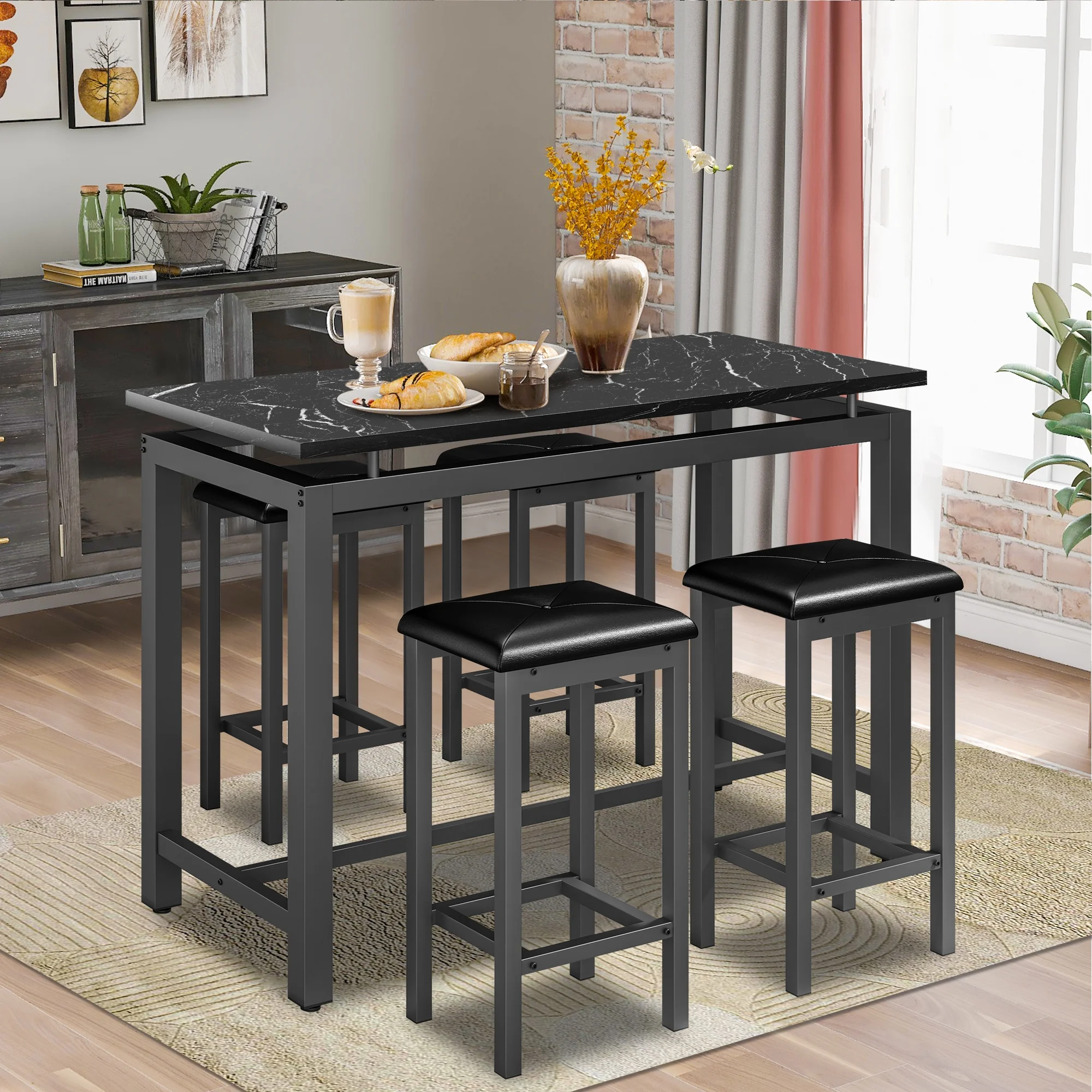 5 Piece Dining Set, Modern Dining Table and Chairs Set for 4, Counter Height Bar Table Set, Modern Pub Table with 4 Velvet Fabric Cushioned Stools, Faux Marble Dining Table & Stools Set, D9297 - Image 5
