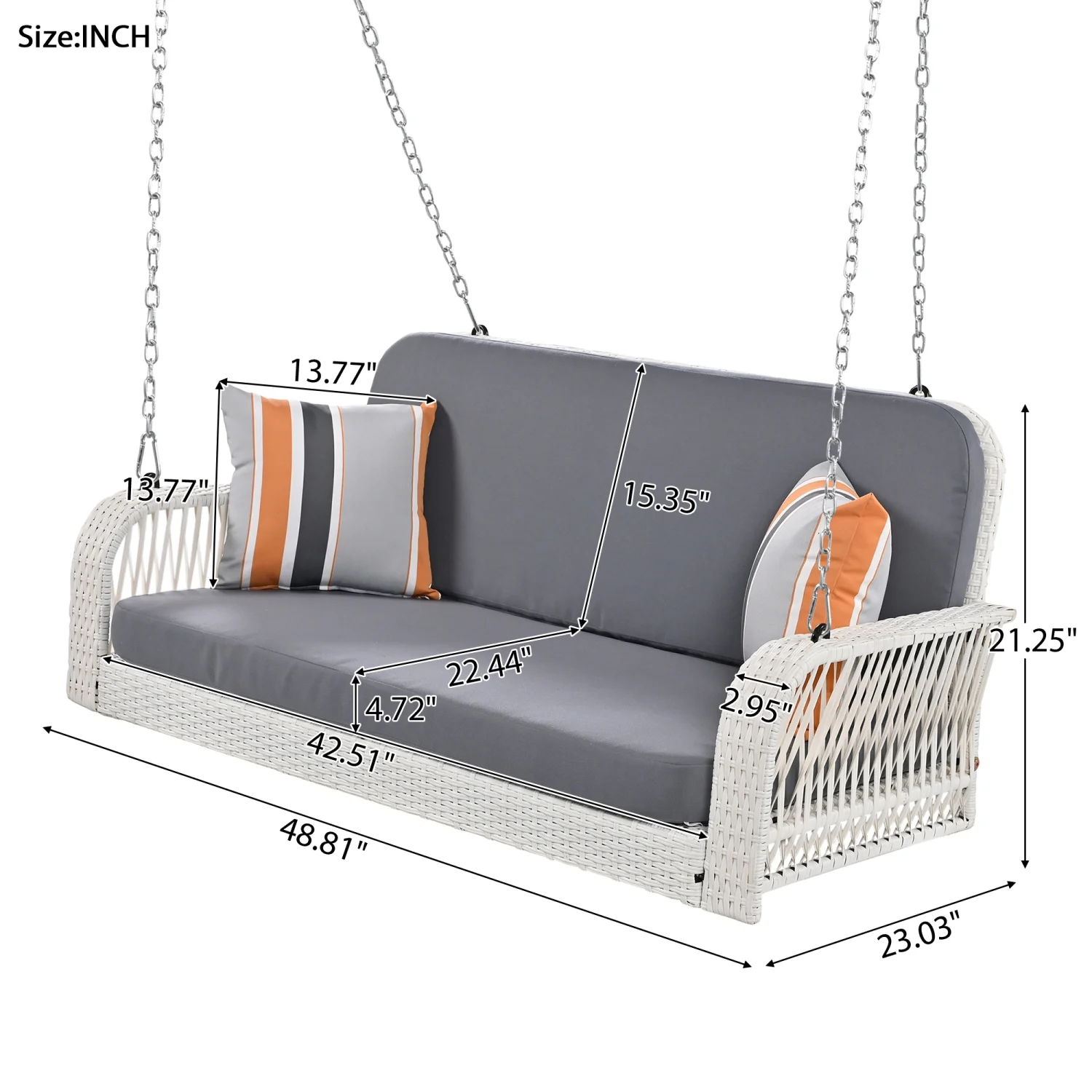 Harper & Bright Designs PE Ratten Porch Swing Chair, 2-Seater Hanging Swing Bench with Chains, All Weather Design Patio Furniture Swing for Backyard Garden Poolside, Grey and White