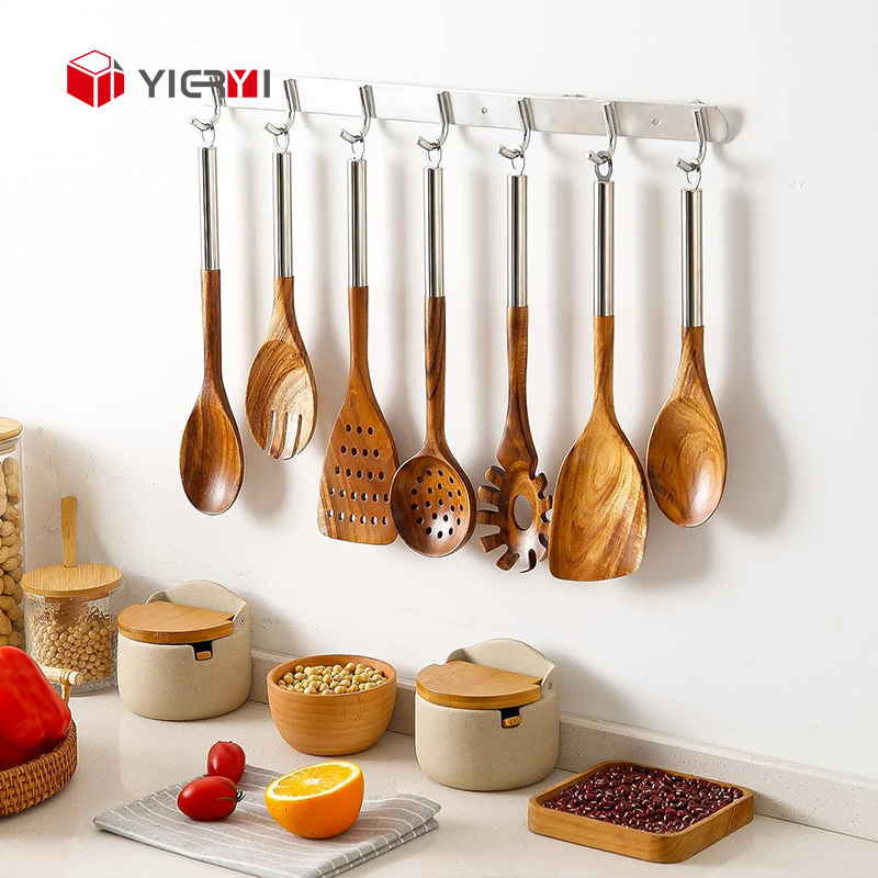 8 Piece Wood Cooking Kitchen Camping Utensil Set With Stainless Steel Holder