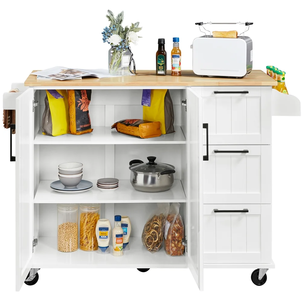Alden Design Kitchen Cart with Wood Top and Storage Cabinet, White