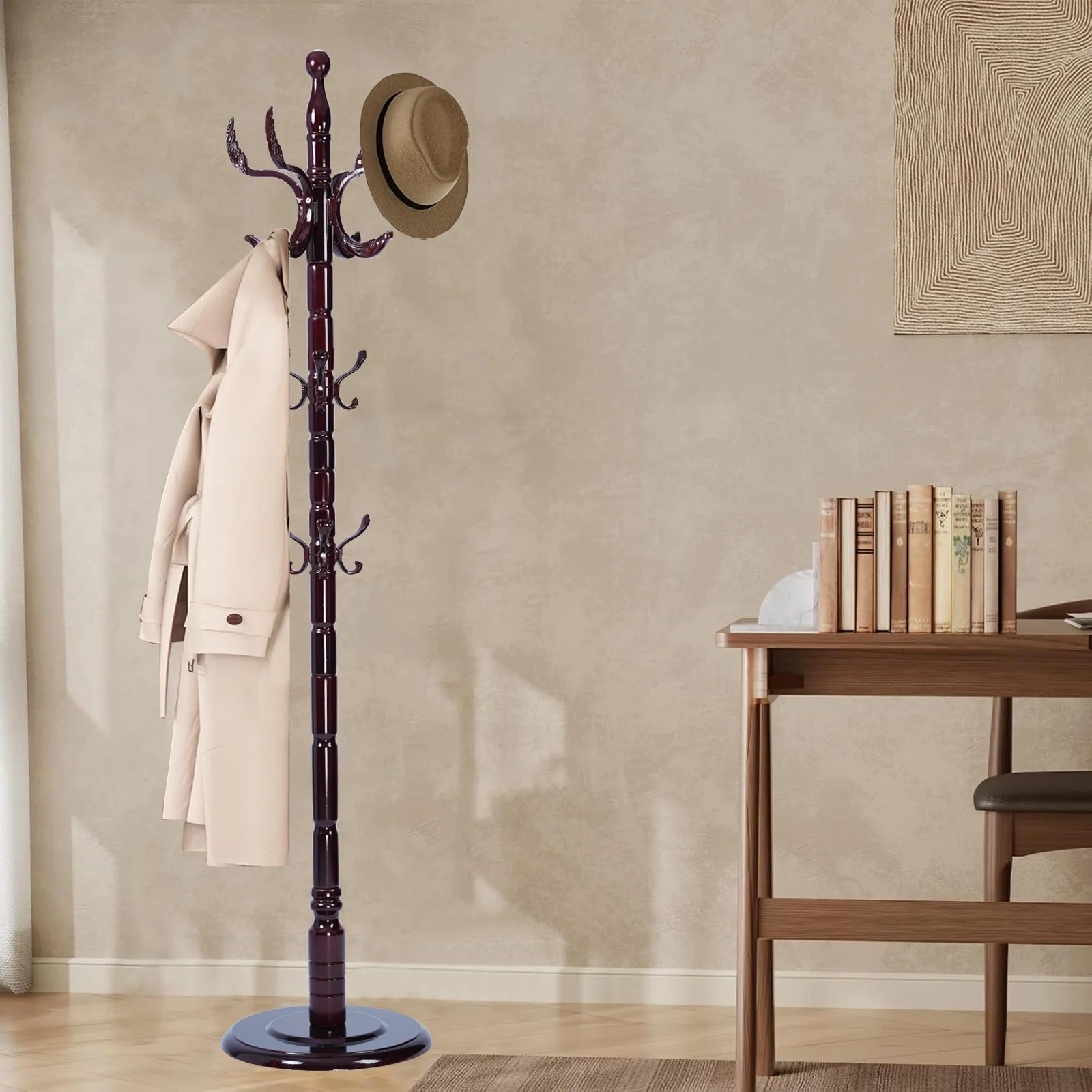 Coat Rack Freestanding, Hall Tree with 11 Hooks, Heavy Duty Wooden Coat Tree Stand, Adjustable Height, Sturdy Base for Bedroom Hallway Office - Load 270lbs - Image 15
