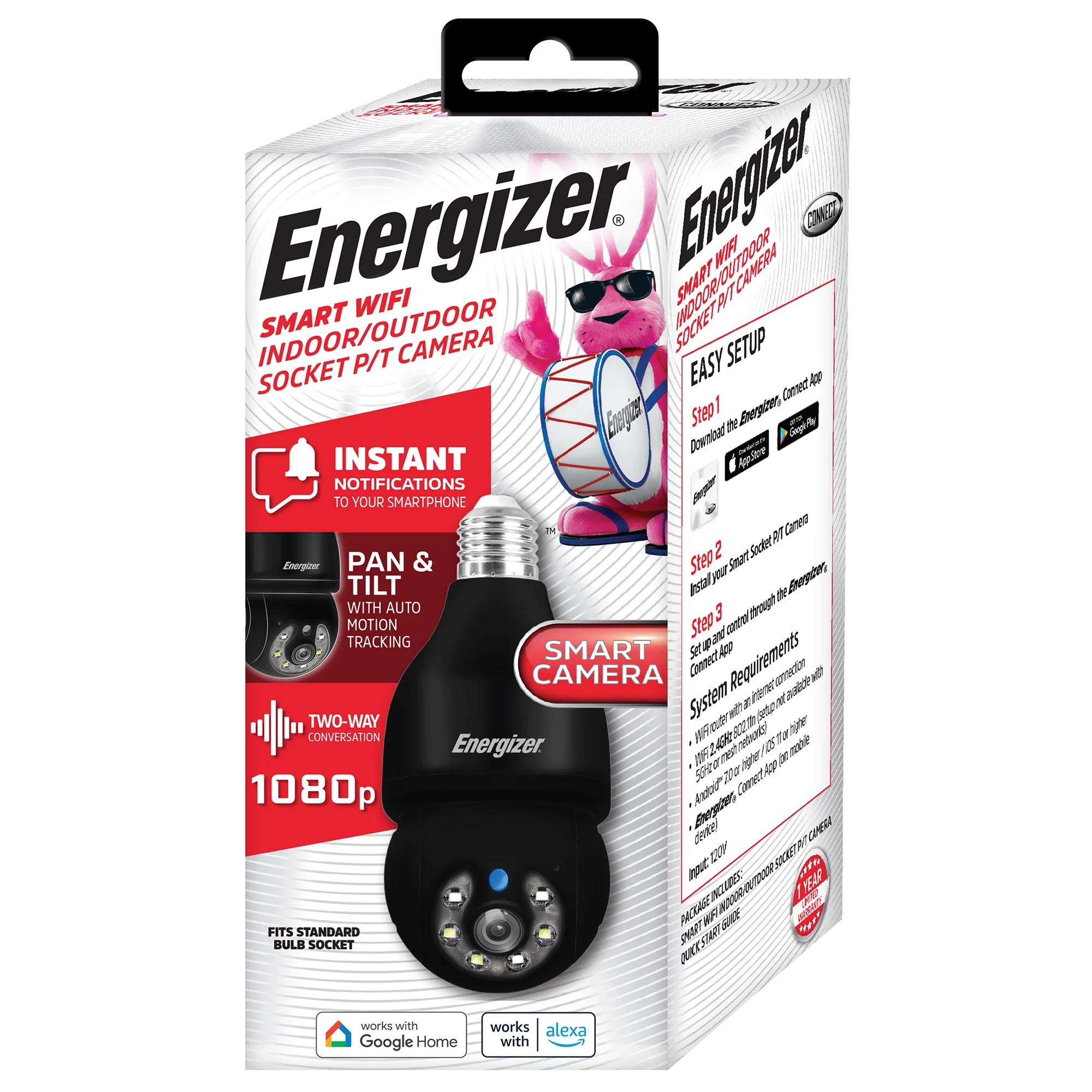 Energizer Smart Light Bulb Security Camera 2-Pack, Outdoor Socket Camera, 1080p, Auto Tracking, Pan & Tilt, Night Vision, 2-Way Audio, Instant Alerts, Remote Access, Works with Google Home & Alexa