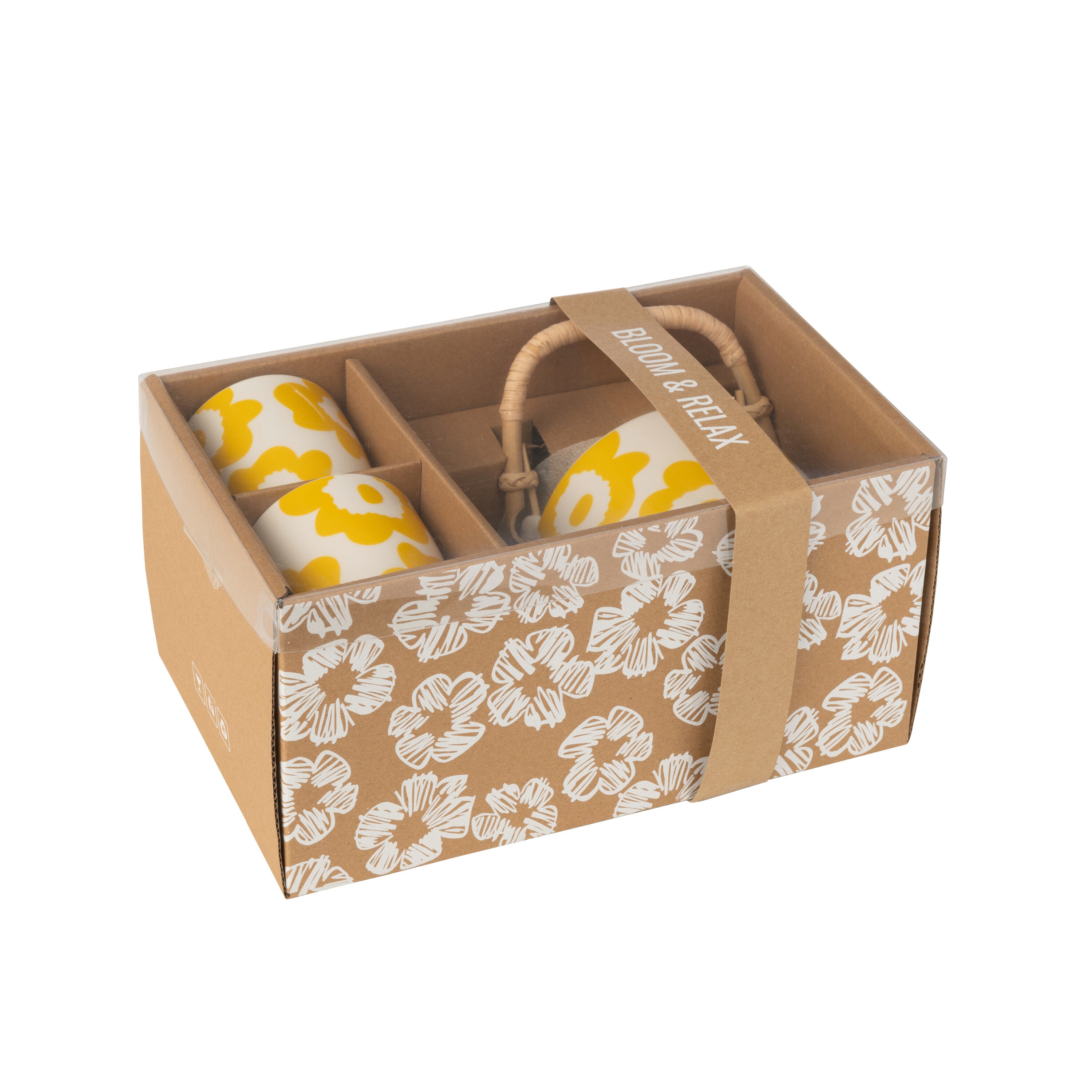 J-Line theepot Bloemen - keramiek - geel - doos van 3 stuks