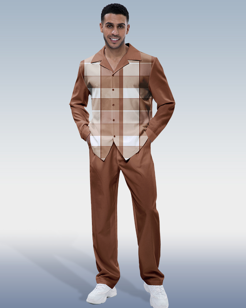 Brown Plaid Long Sleeve Shirt Walking Set