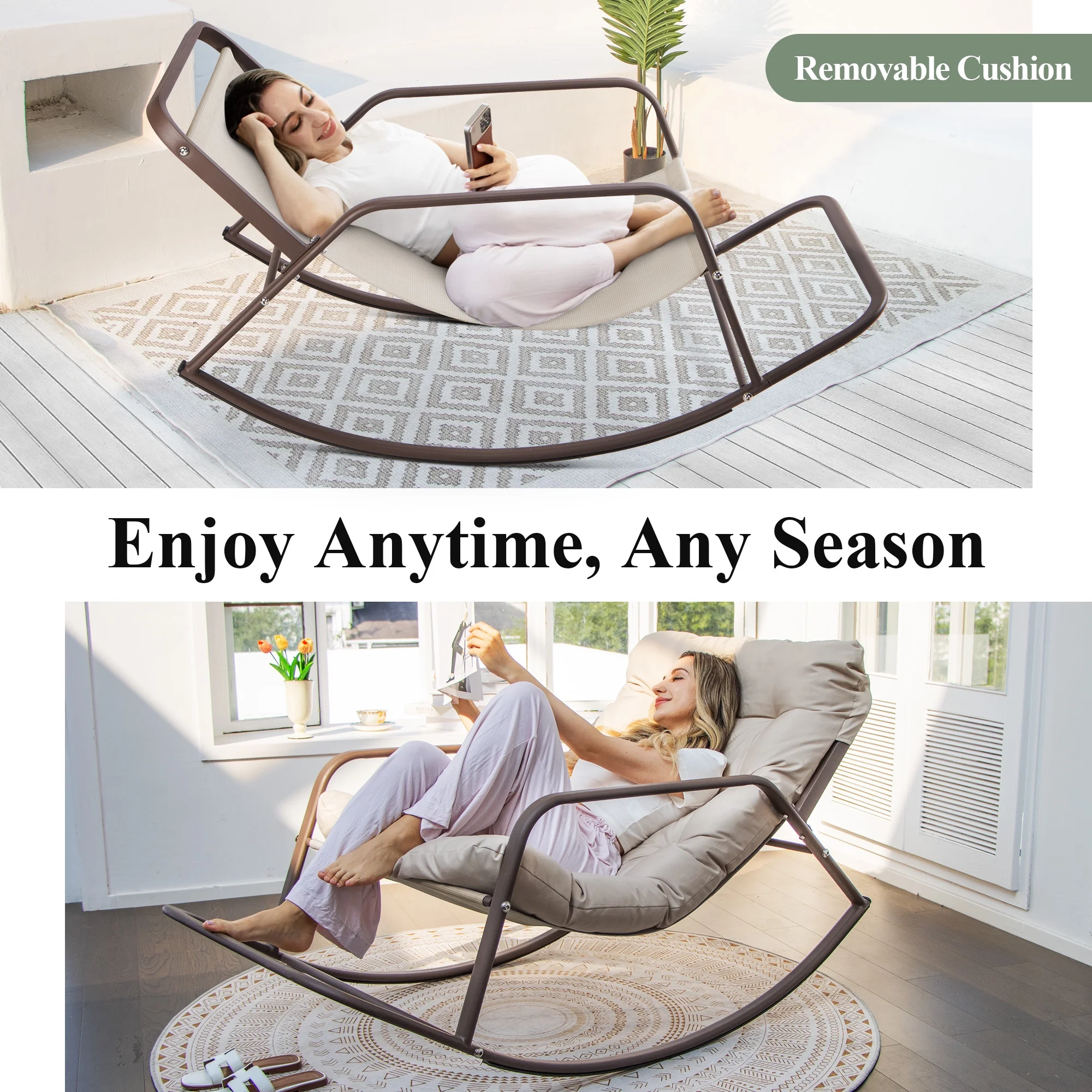 RADIATA Oversized Rocking Chair with Footrest, RADIATA Patio Papasan Rocking Recliner for Indoor Outdoor Use, Heavy Duty Wicker Lounge Chair, 450lbs, Beige - Image 6