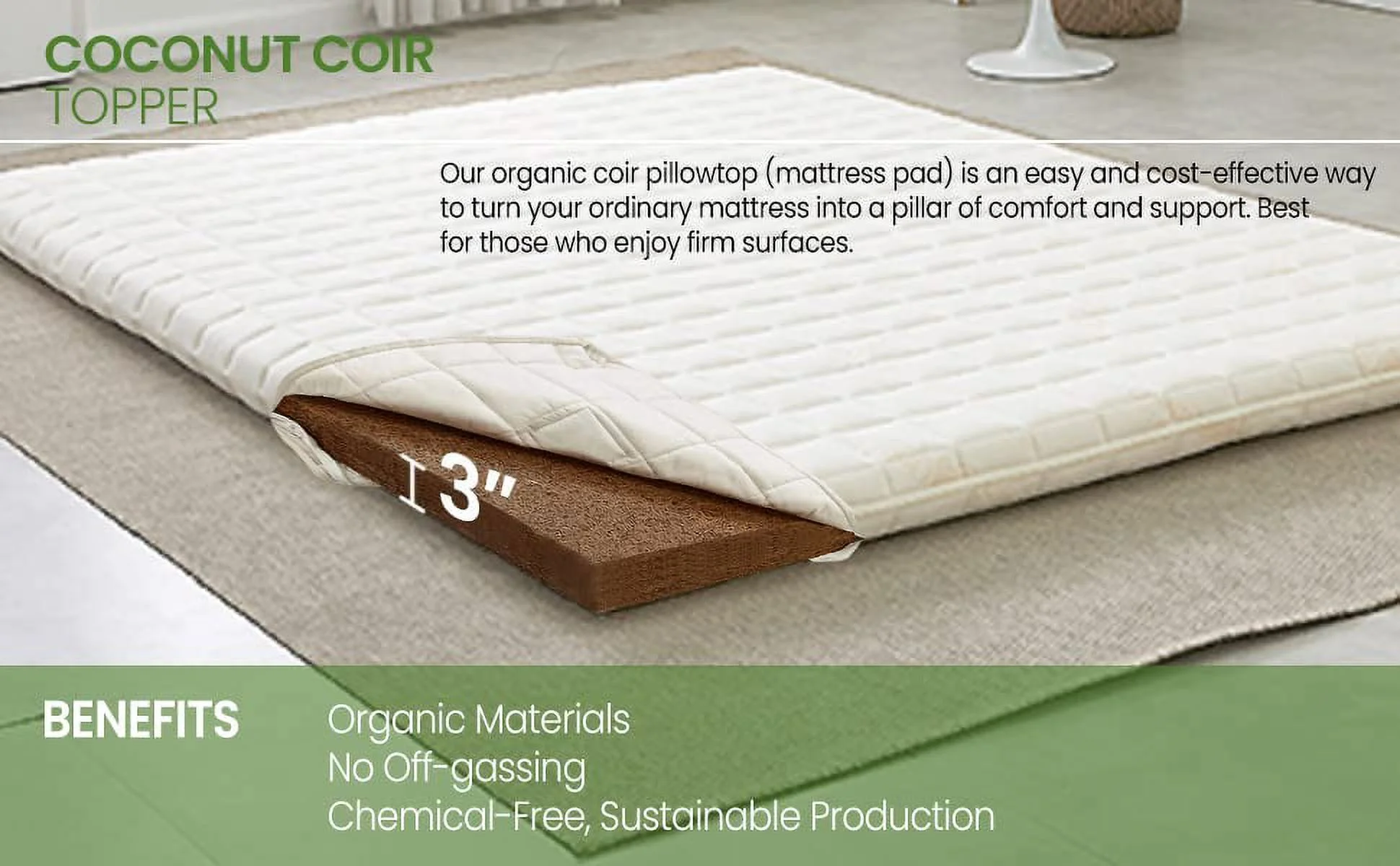 Palmpring Organic Mattress 3 Inch Mattress Topper Pillow Topper  �C Organic Coconut Coir Cotton Wool 3 Inch Pad Pillowtop Firm Bed Comfort Sleep Body Support(KING)
