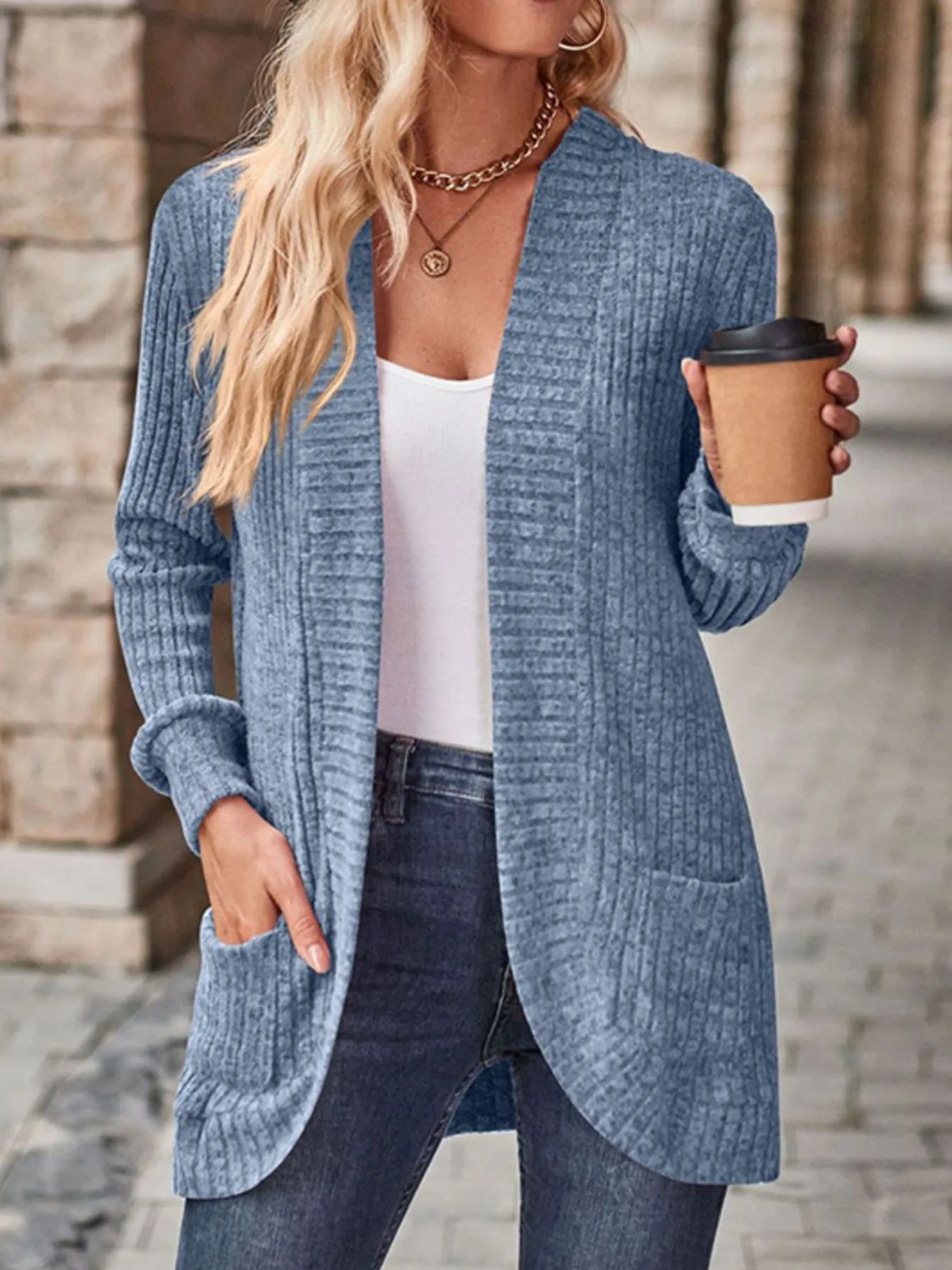Ribbed Knit Open Front Cardigan with Pockets - ZKZOOK