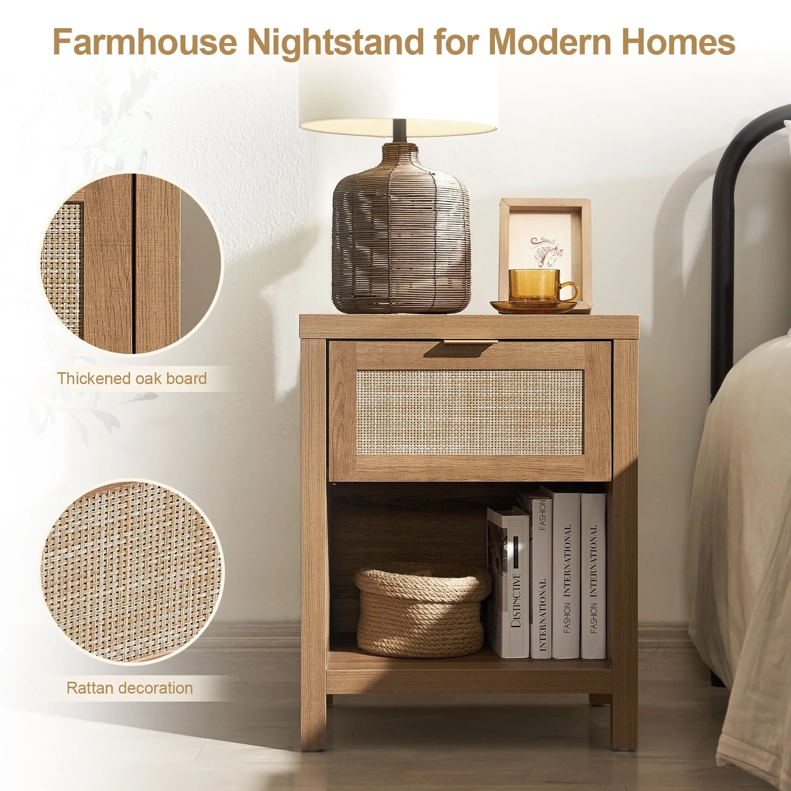 Surmoby Rattan Nightstand Set of 2,Farmhouse Bedside Tables with Drawer and Storage Shelf,Natural Boho End Table Side Table for Bedroom,Living Room - Image 5