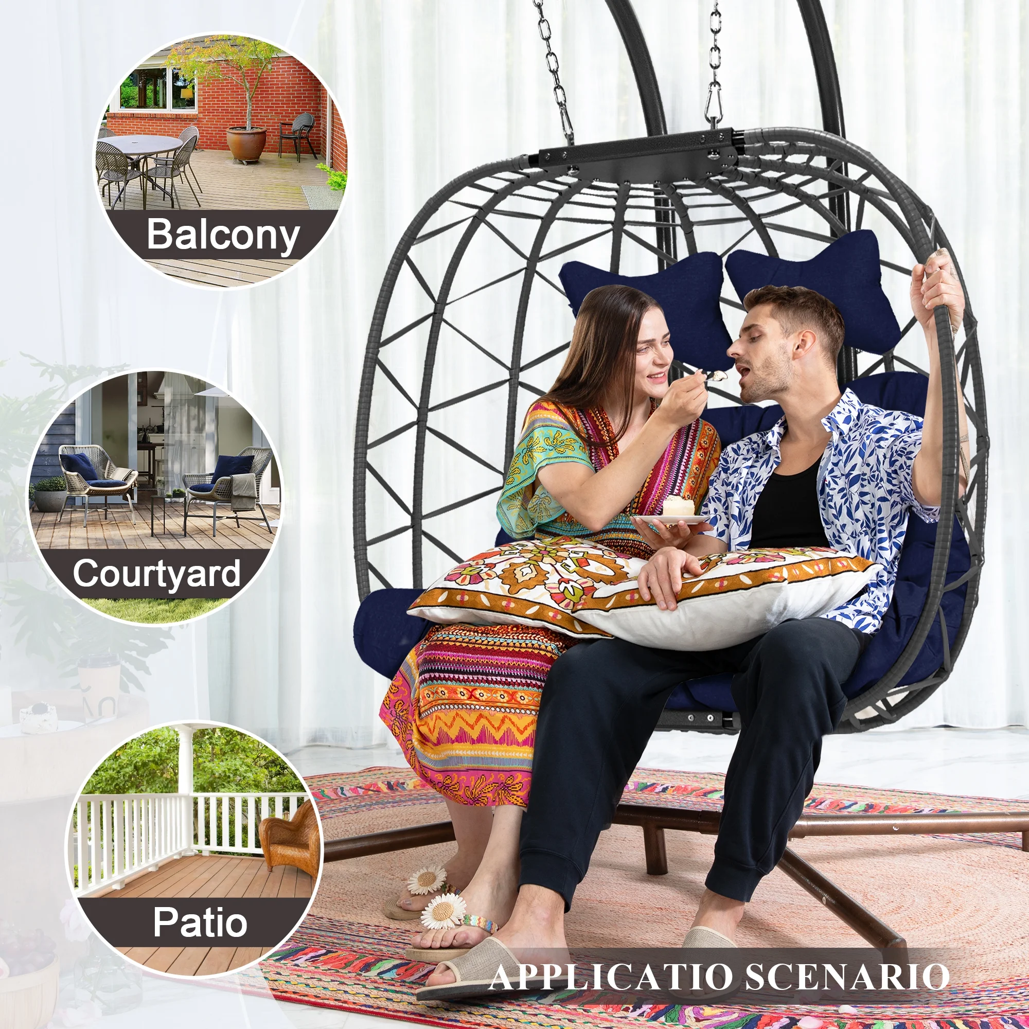RADIATA Double Wicker Egg Swing Chair with Stand, 2-Person Hanging Egg Chair for Indoor/Outdoor, 700lbs Capacity, Thick Cushions & Headrest,Sturdy Metal Frame��Dark Gray - Image 18