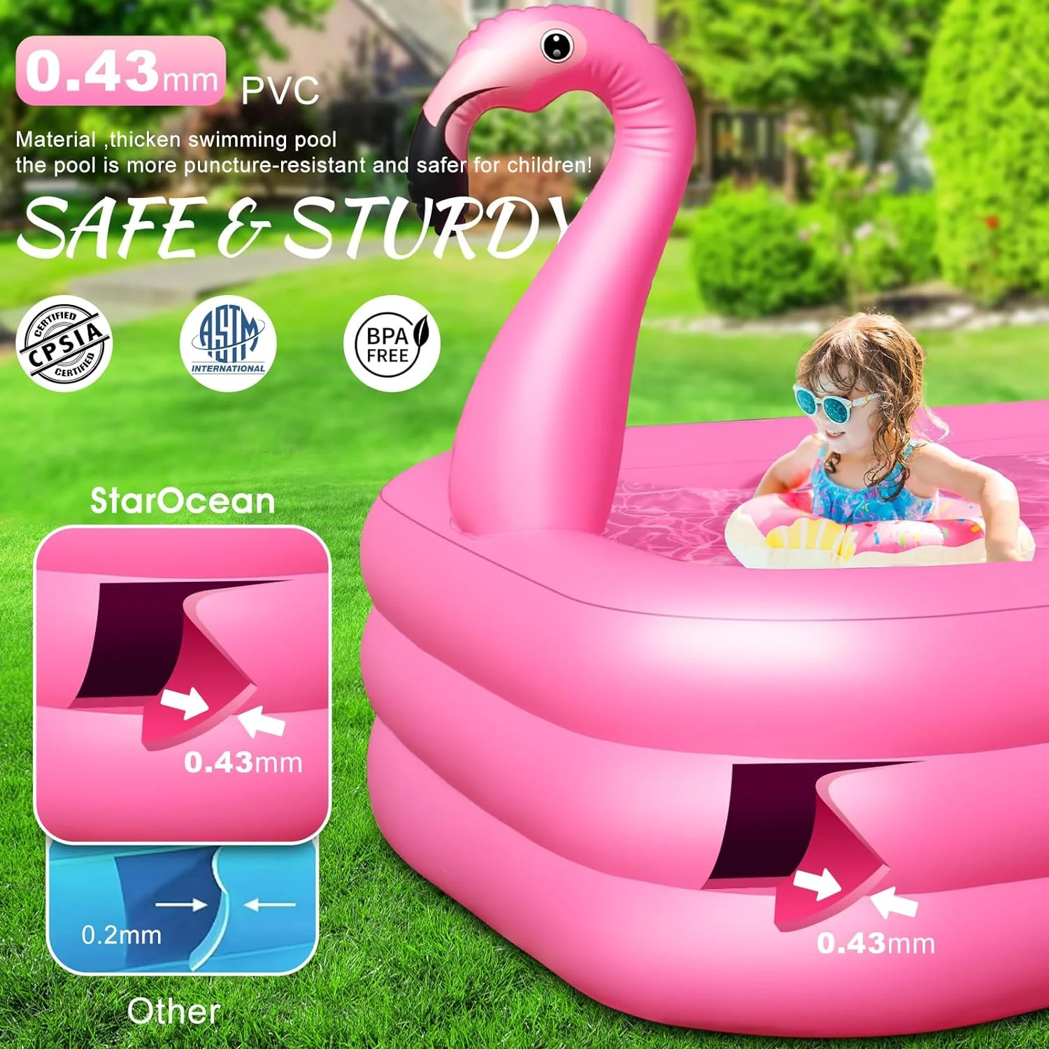 Inflatable Pool with Lights, Solar Flamingo Swimming Pool for Kids,Adults Inflatable Blow up Pool, Large Kiddie Pool, Durable Thickened Inflatable Family Pool for Backyard,Outdoor,105"x65"x25" - Image 4