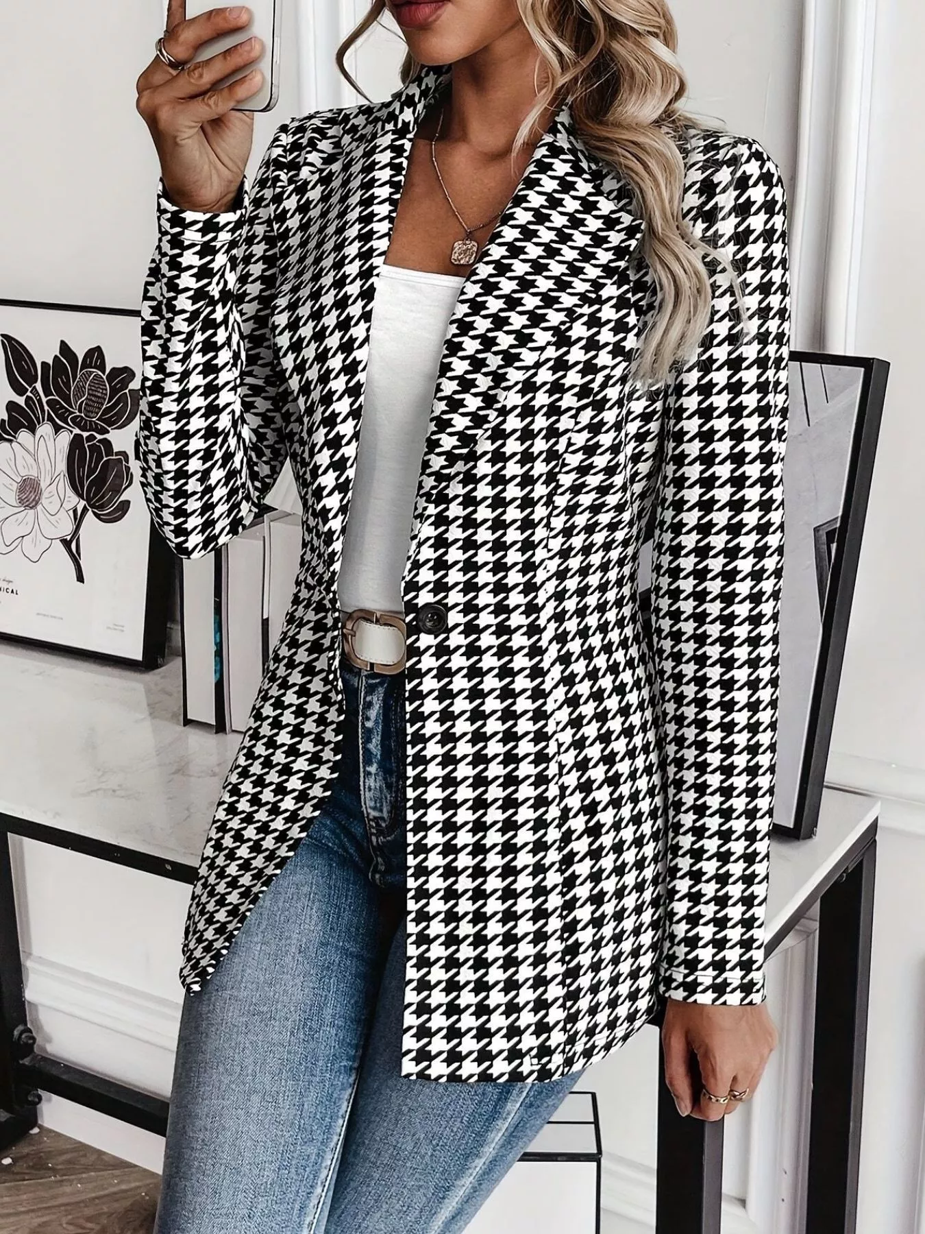 Houndstooth Print Lapel Collar Blazer - ZKZOOK