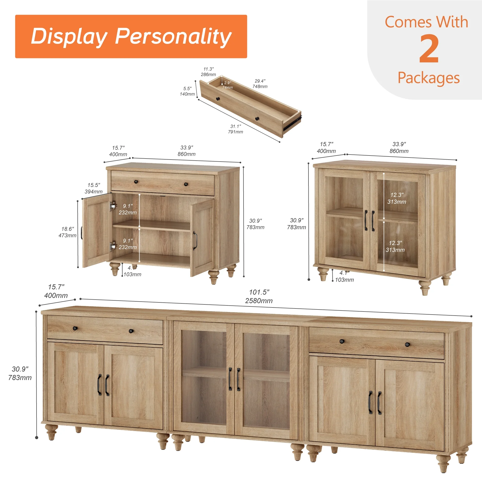 TV Stand for 100 Inch TV, 3-in-1 TV Console Table for 75/80/85/90 Inch TV, Farmhouse Entertainment Center with Glass & Wooden Door, Kitchen Sideboard Buffet Cabinet for Dining Room, Oak - Image 3