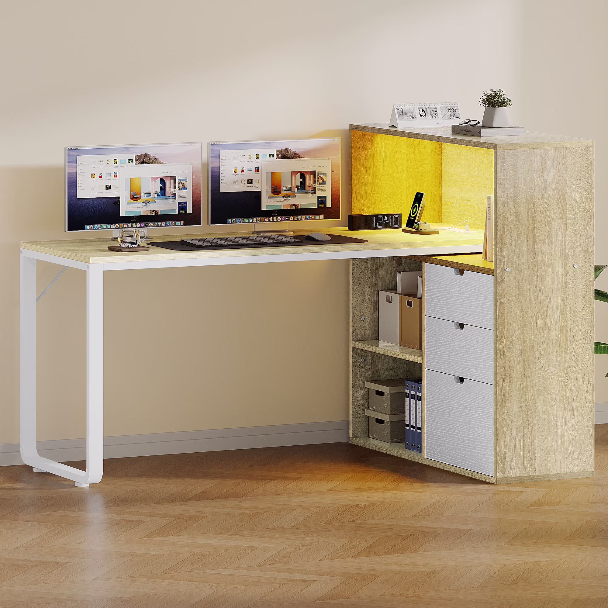 Dextrus L Shaped Desk with Power Outlets & LED Lights, Computer Desk with 3 Drawers and 3 Storage Shelves, White Office Desk Corner Desk for Home Office - Image 5