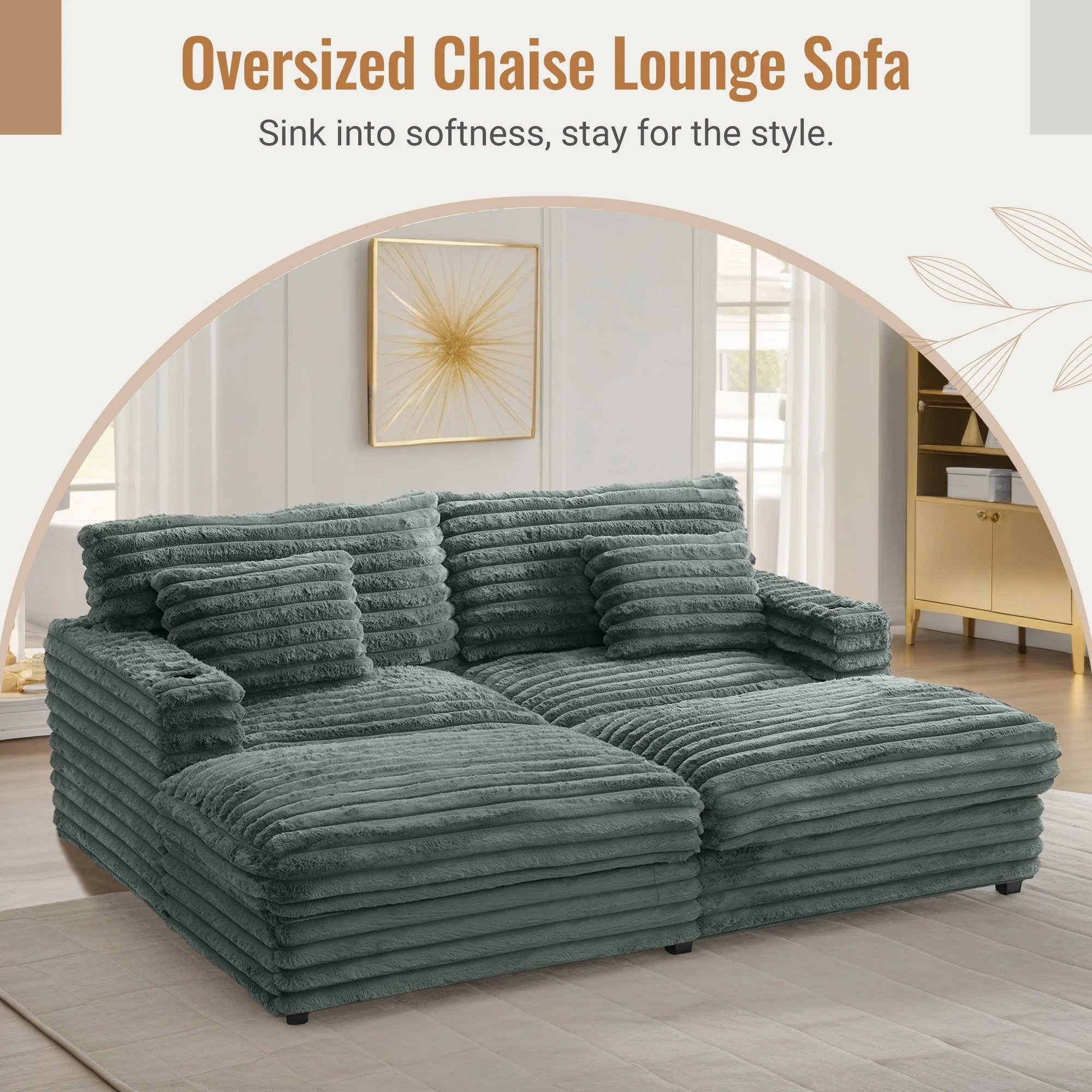 Oversized Double Chaise Lounge, Faux Fur Upholstered Deep Seat Sofa with 2 Pillows, 2 Cupholders, and Dual USB Ports - Image 43