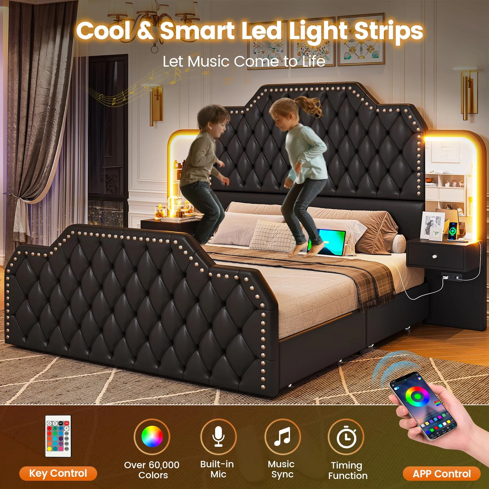 Queen Bed Frame with 2 Nighstands, Power Outlets and 4 Drawers, Upholstered Bed with Vanity Tables and Mirrors, Modern Velvet Tufted Platform Bed with Headboard & Footboard, Black - Image 9