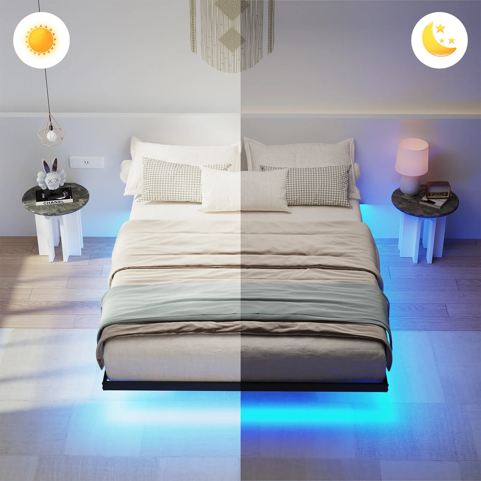 Lusimo Floating Bed Frame with LED Lights Queen Size Metal Platform Bed Frame with 6.1" Under Bed Storage Space No Box Spring Needed, Black - Image 6