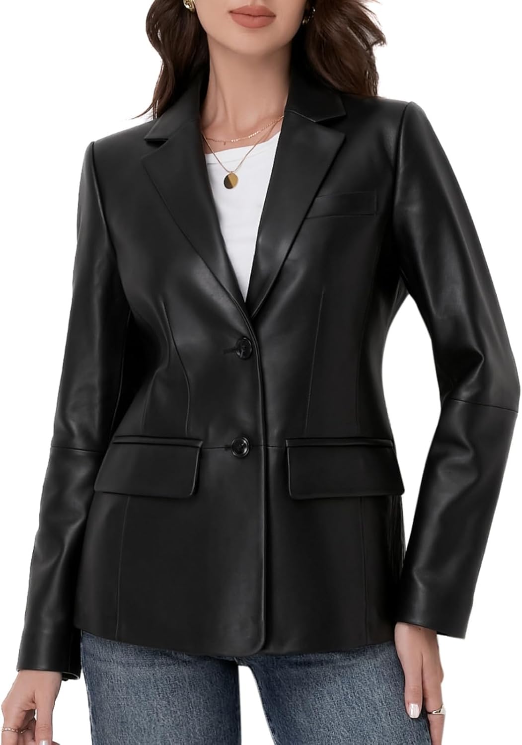SILVER FASHIONS Lambskin Leather Jacket Women,Long Sleeve Button Front Leather Blazer,Notched Lapel Casual Style,Vent Detail