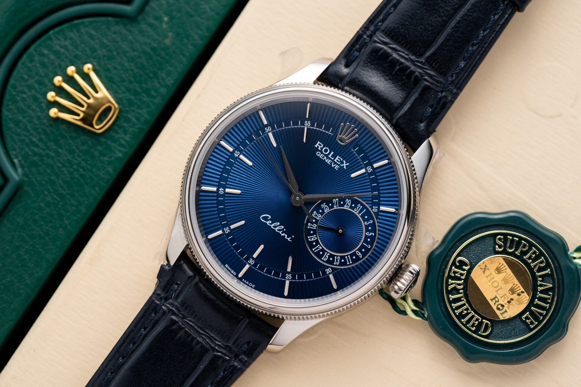 Rolex Replica 1:1 Watch Cellini Date 50519 Blue Dial Leather Strap 39mm - Elite Watch Atelier
