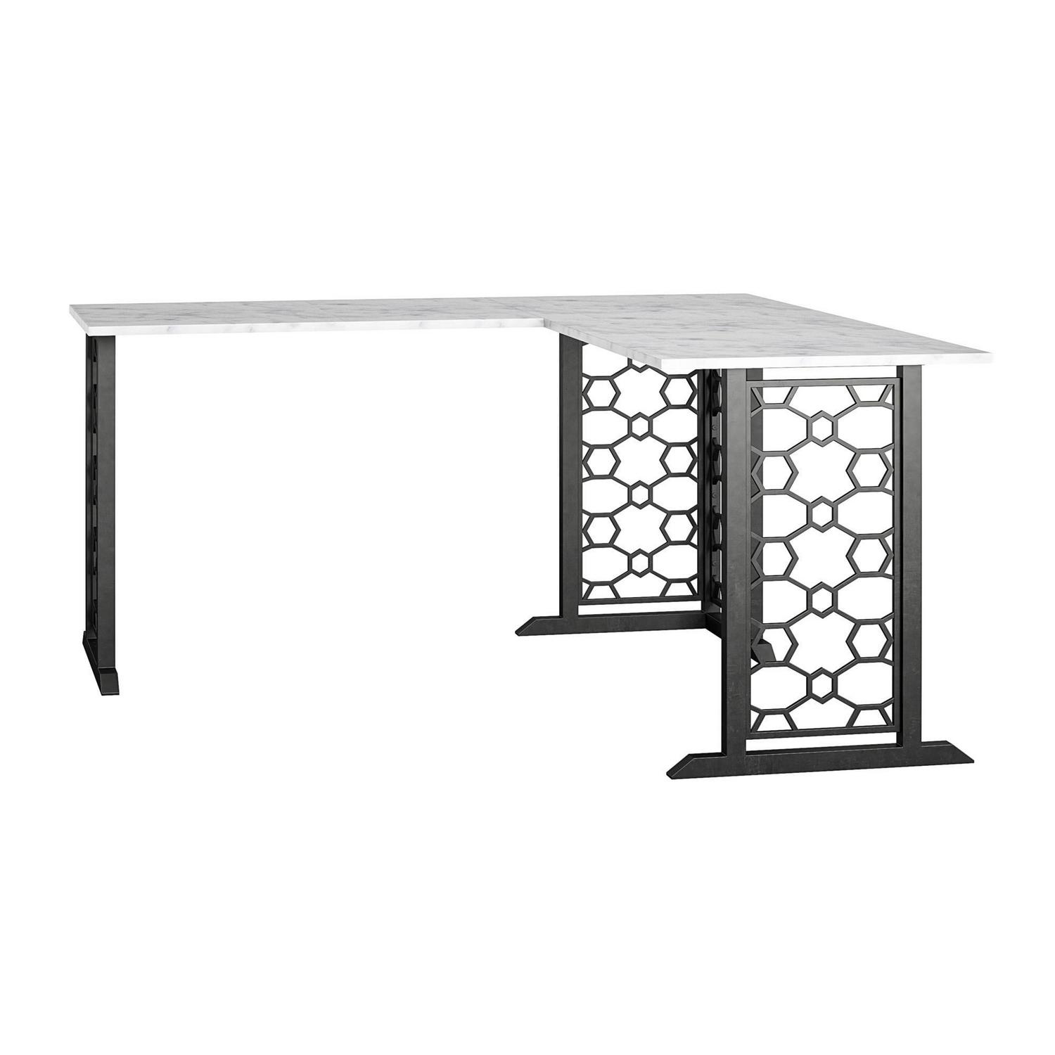 Ella L Desk. White Faux Marble/Black