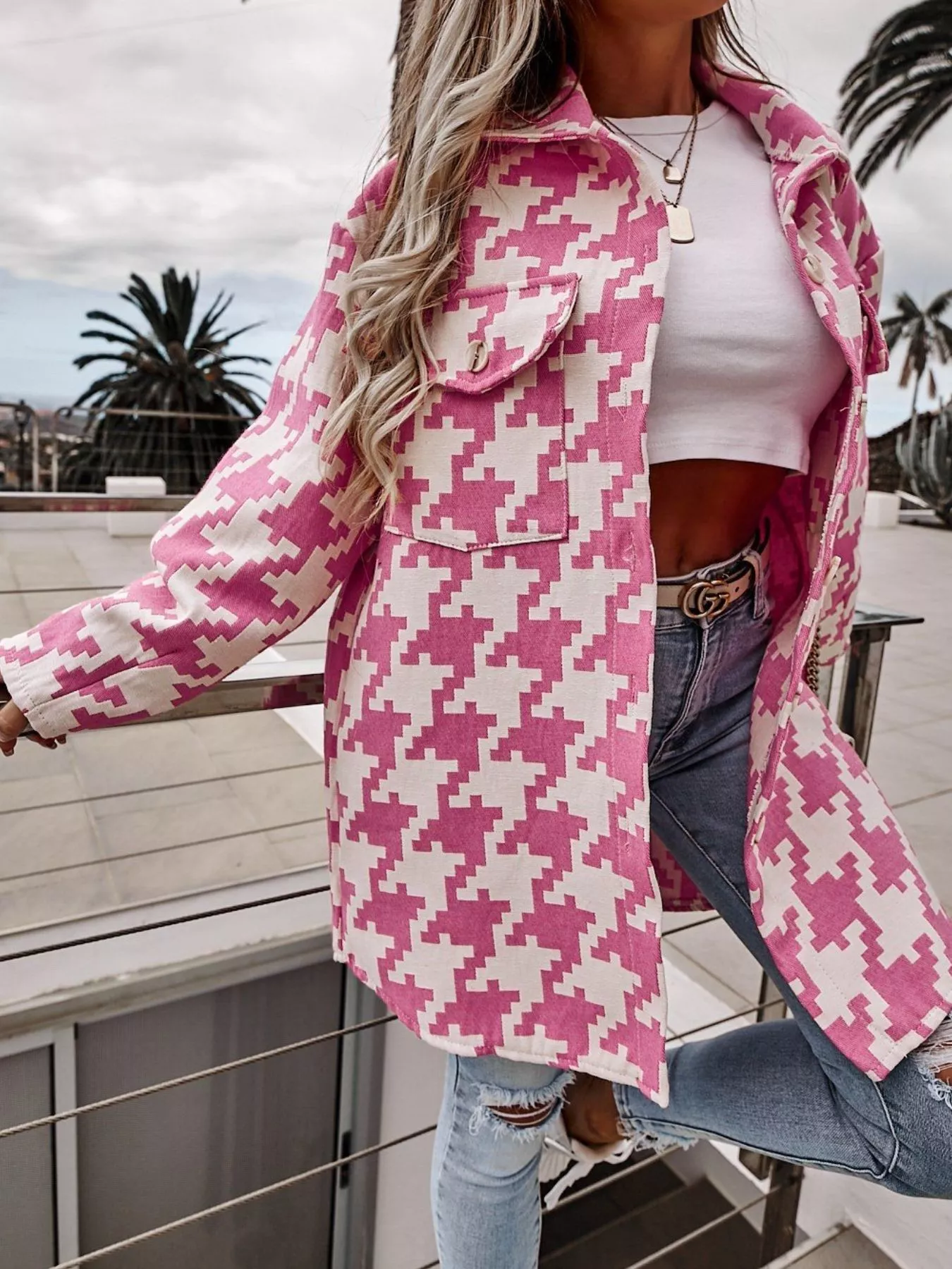 Houndstooth Button Up Long Sleeve Outerwear - ZKZOOK