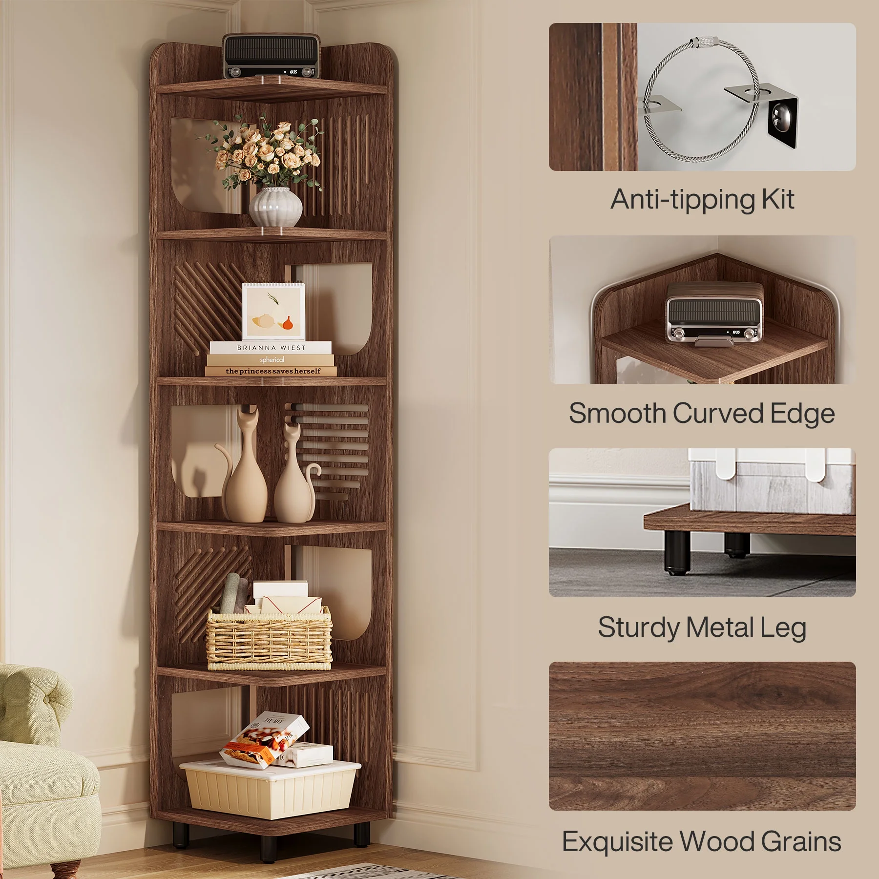 Fnova 71" 6-Tier Tall Corner Bookshelf, Rustic Wooden Narrow Corner Bookcase with Artistic Square Rack, Freestanding Display Storage Shelf for Space-Saving Home Organizing - Image 13