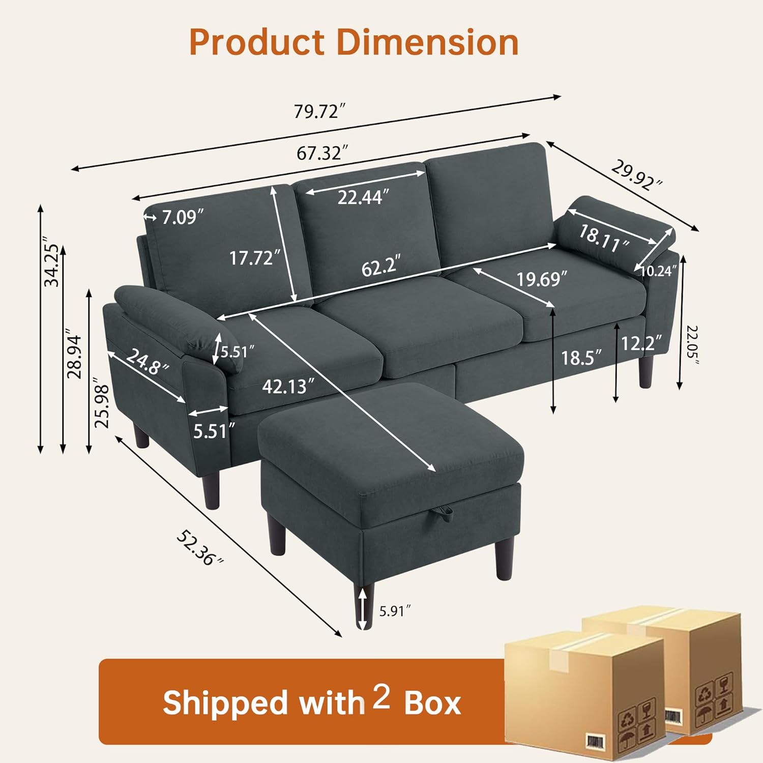 Convertible Sectional Sofa, Modern L Shaped 3-seat Sofa, 79