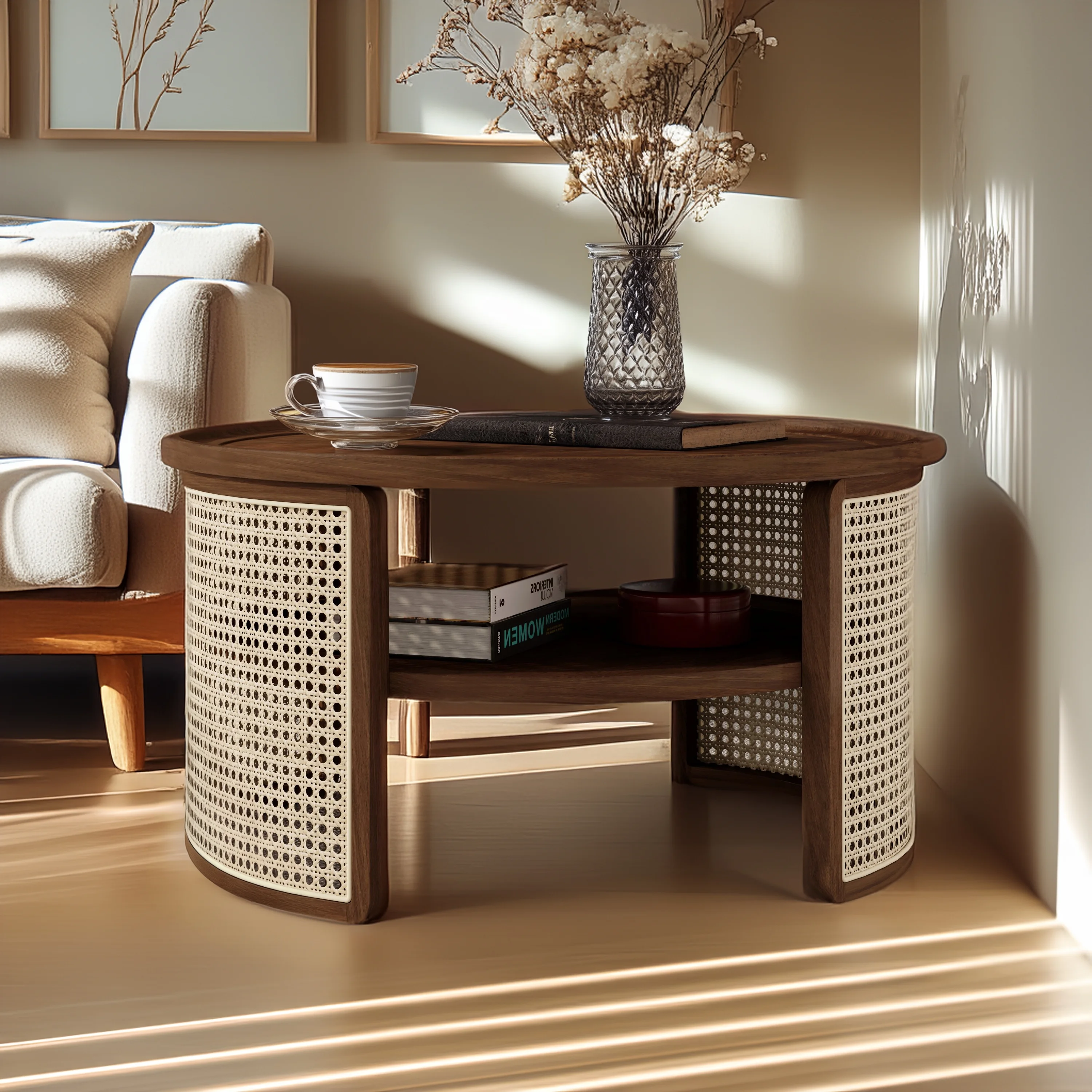 Harper & Bright Designs Rattan Round Coffee Table with Storage Shelf, Round Cane Wood Center Table for Living Room, 37'' Brown - Image 24