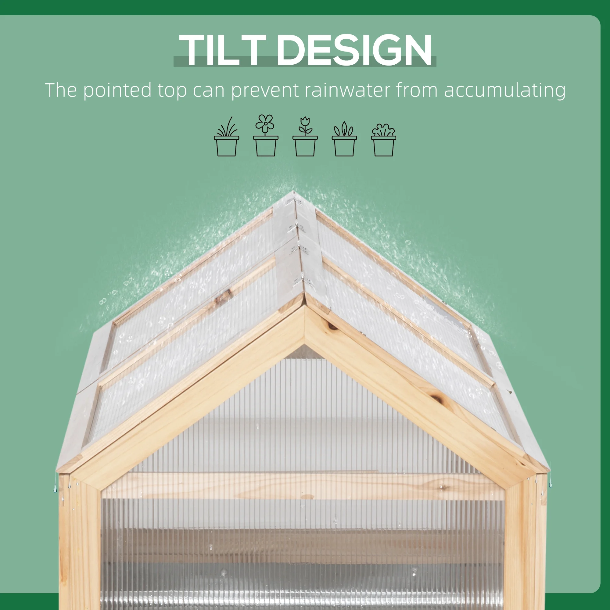 Outsunny Raised Garden Bed with Polycarbonate Greenhouse, Wooden Garden Cold Frame Greenhouse, Flower Planter Protection, 48" x 24" x 32", Natural - Image 10