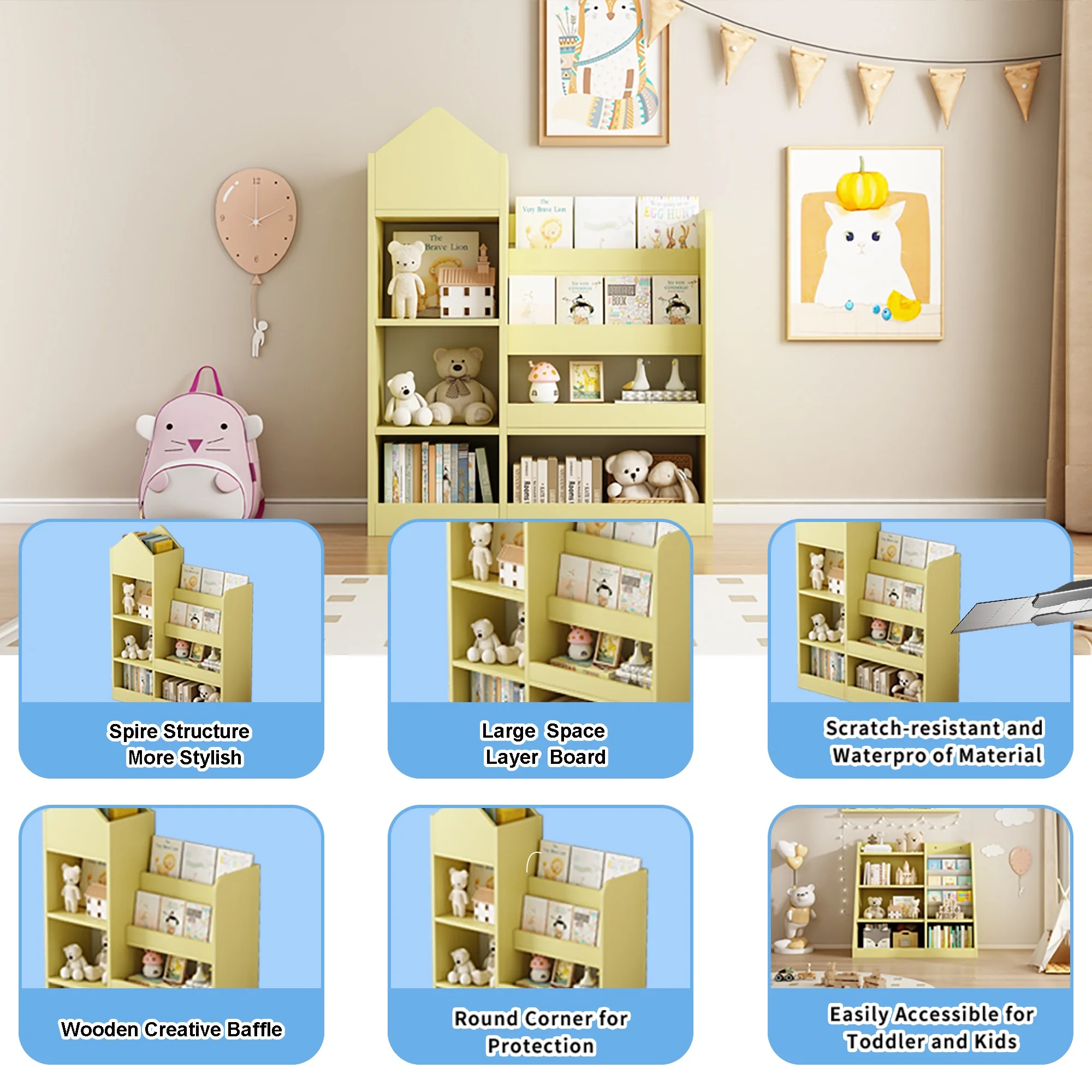 PORKISS Bookshelf for Kids, Wood Kids Bookcase with Toy Storage Organizer, Freestanding Book Shelf with 6 Compartments and 2 Baskets Bins for Kids Bedroom, Nursery, Playroom, Natural - Image 15