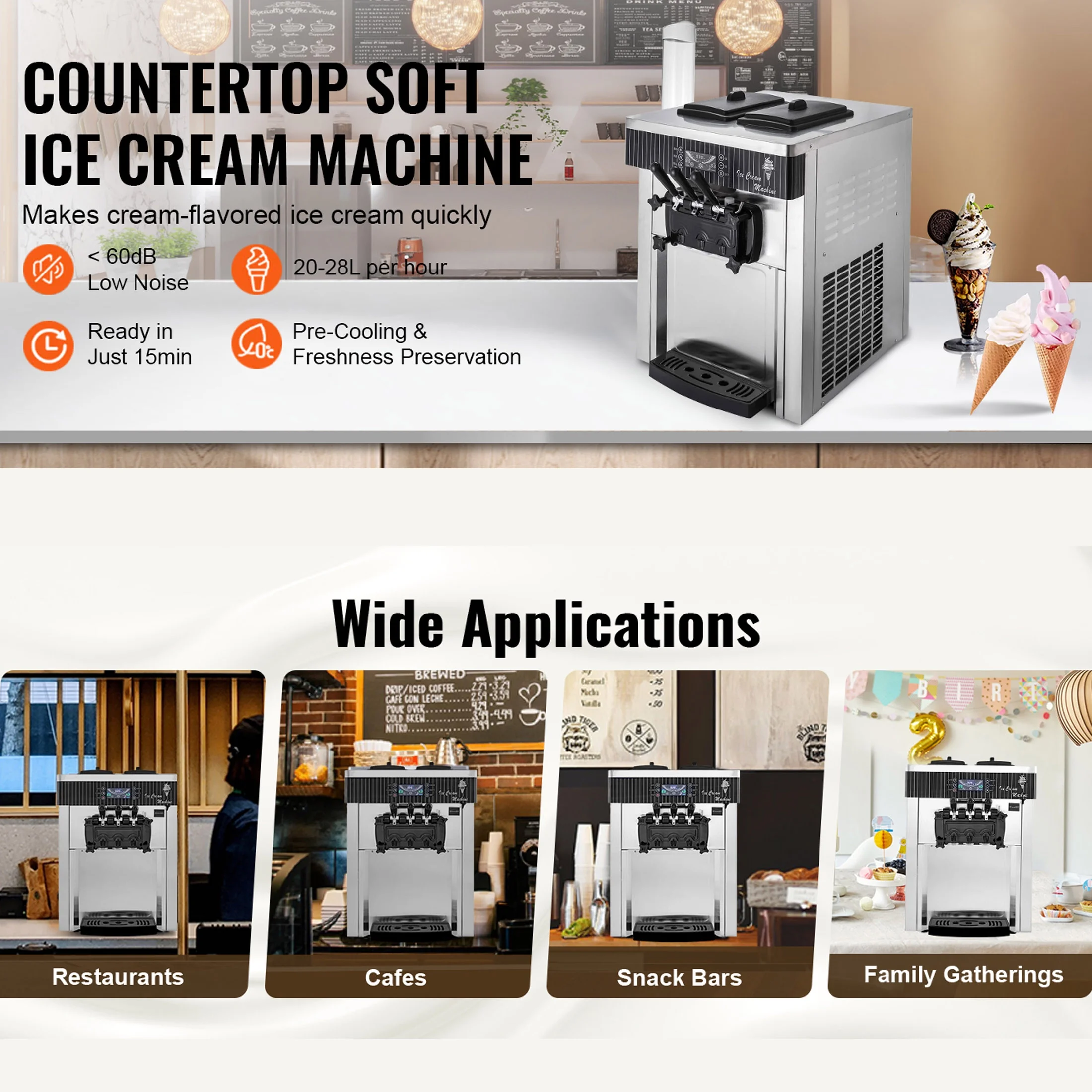 SIHAO 1200W Commercial Ice Cream Machine Countertop 18L/H Soft Serve Ice Cream Maker with LED Display - Image 14