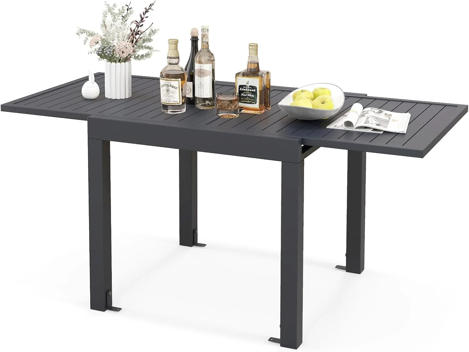 Extendable Outdoor Dining Table, Aluminum Frame, Dark Grey, Slatted Top - 80D x 160W x 75H Centimetres - Image 2 Extendable Outdoor Dining Table, Aluminum Frame, Dark Grey, Slatted Top - 80D x 160W x 75H Centimetres - Image 2