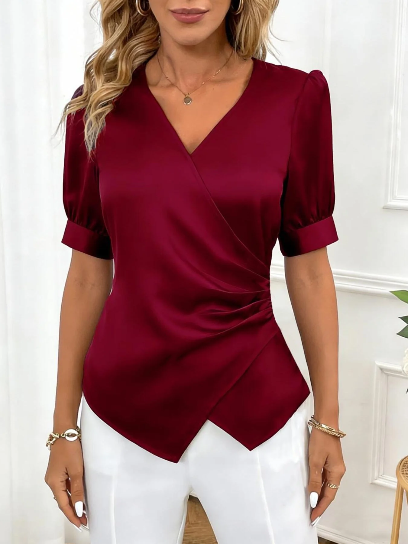 Satin V-Neck Wrap Blouse - ZKZOOK