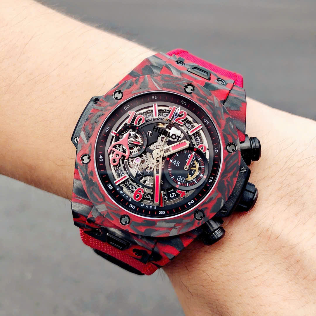 Hublot Big Bang Unico Red Carbon Replica Watches Best Quality Fabric Strap 45mm - Top club