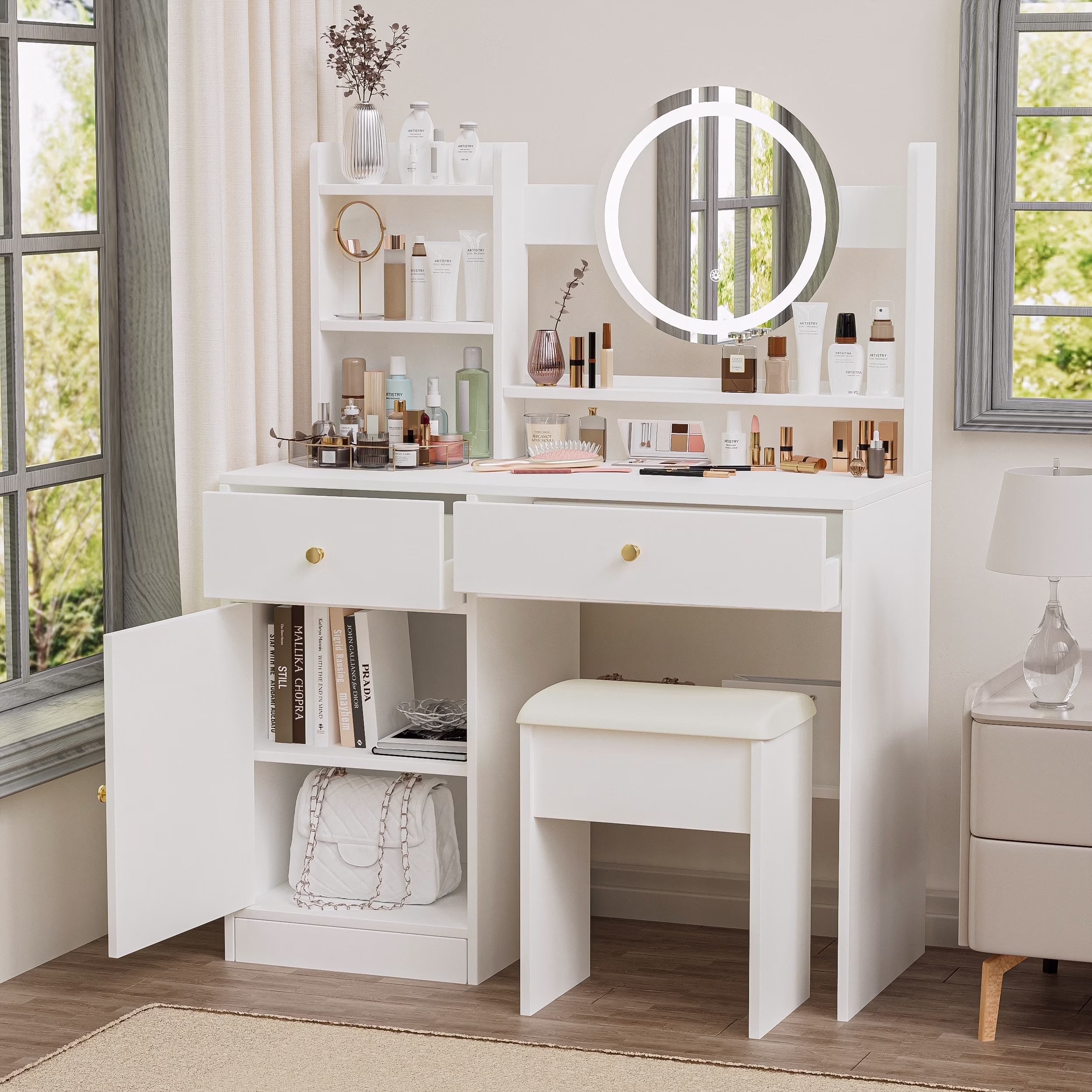 Montary Modern Mini Vanity w/Adjustable LED Mirror + Hidden Storage, Padded Stool & Dustproof Shelves (White) - Image 20