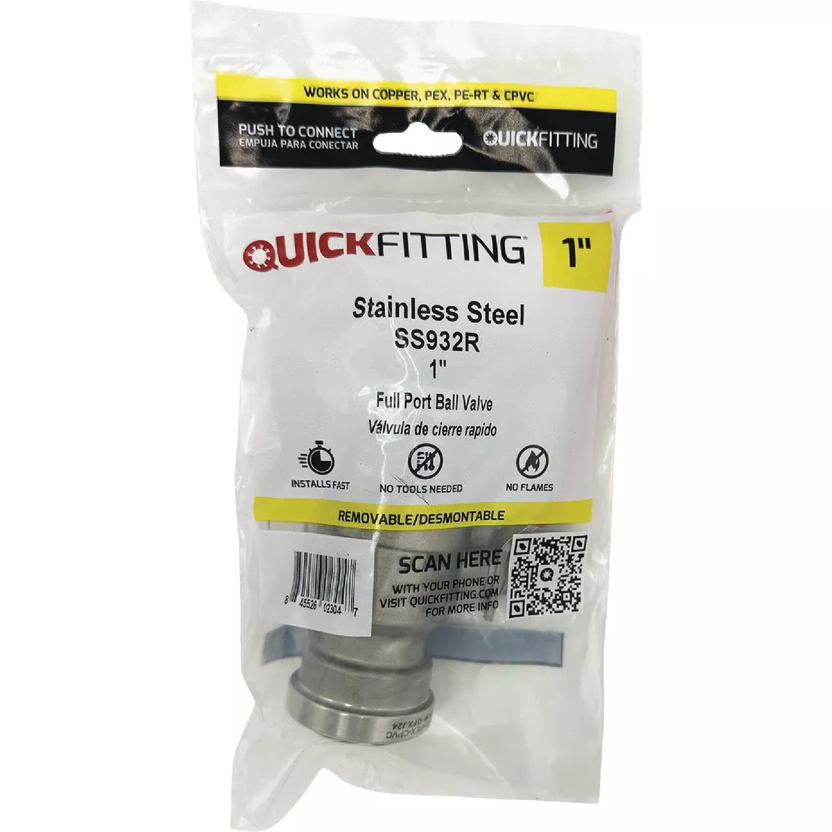 QuickFitting 1 In. Push-to-Connect Stainless Steel Full Port Ball Valve