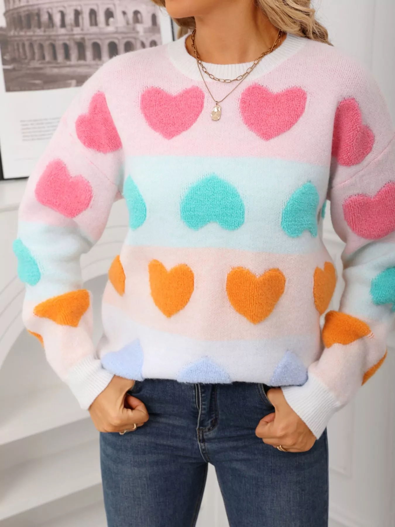Valentine's Day Heart Pattern Fuzzy Knit Sweater - ZKZOOK