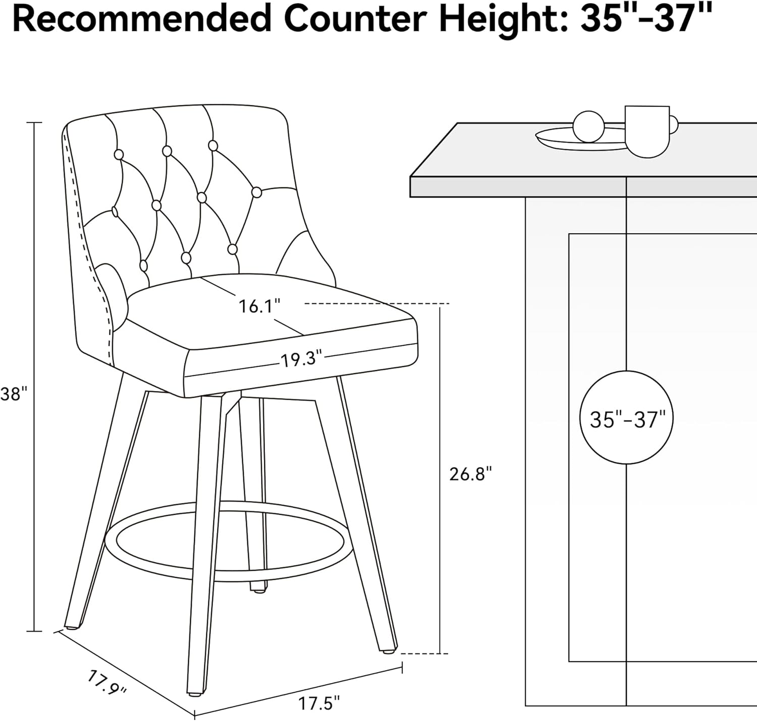 Counter Height Bar Stools Set of 2, Modern Swivel Barstools with Back and Wood Legs, Linen Fabric Upholstered Counter Height Stools, 26