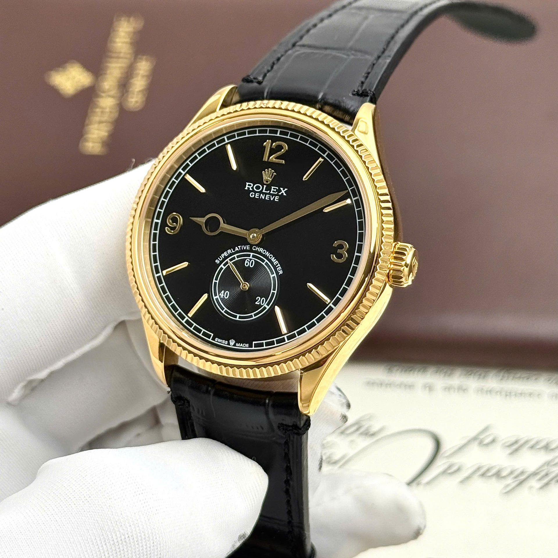Rolex Perpetual 1908 Yellow Fake Watch Black Dial Leather Strap 39mm - Top club