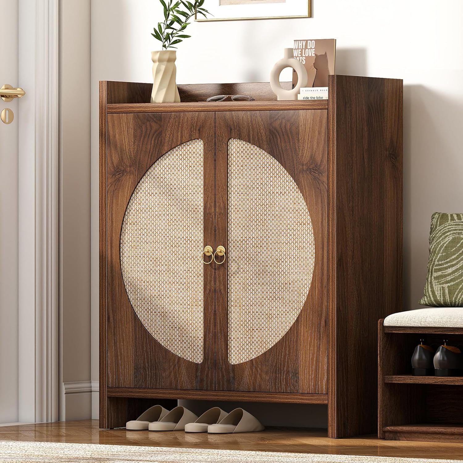 Shoe Cabinet Storage for Entryway - Rattan Entry Way Shoe Storage Cabinet with Adjustable Shelves, Wood Shoe Organizer Cabinet, Accent Cabinet with Doors for Entrance Hallway Living Room Foyer