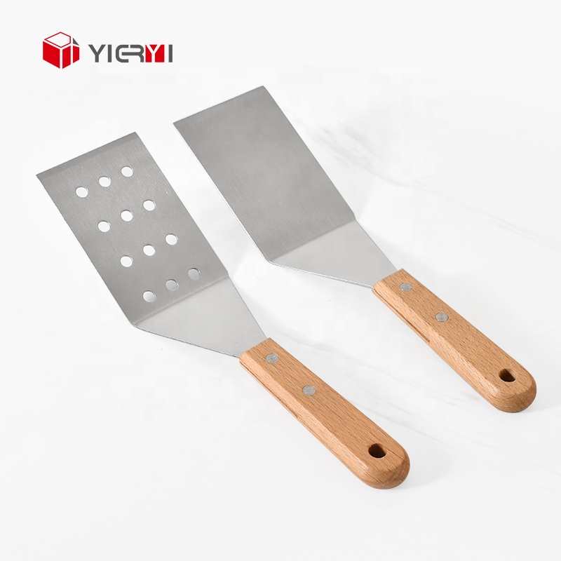 Kitchen Spatula for Smash Burger and Egg Stainless Steel Solid Turner With Wooden Handle BBQ Flat Top Grill Scraper